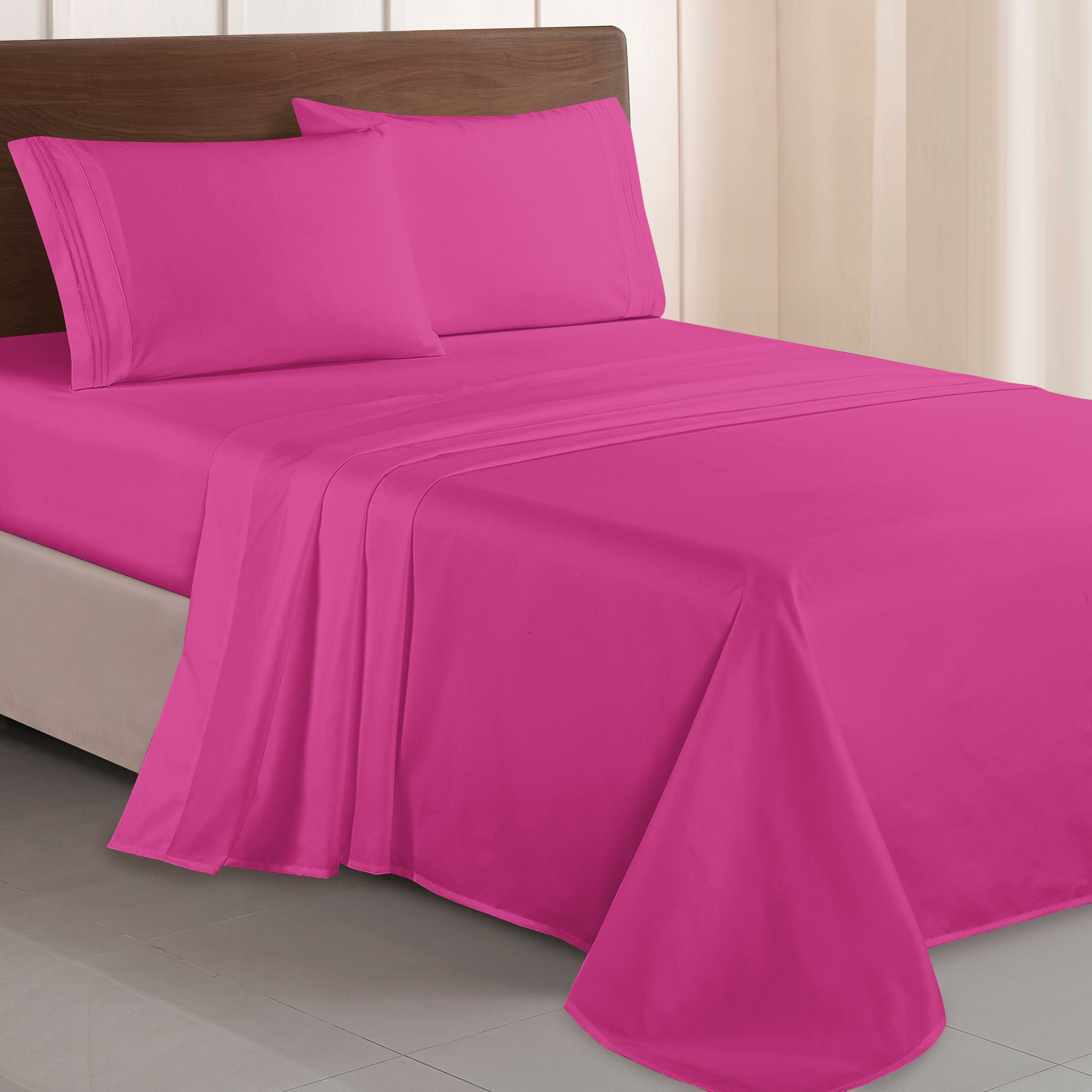 Essential Solid 3 Line Embroidery - Soft as a Hotel Premium Quality, 4-Piece Sheet Set, Bright Shades