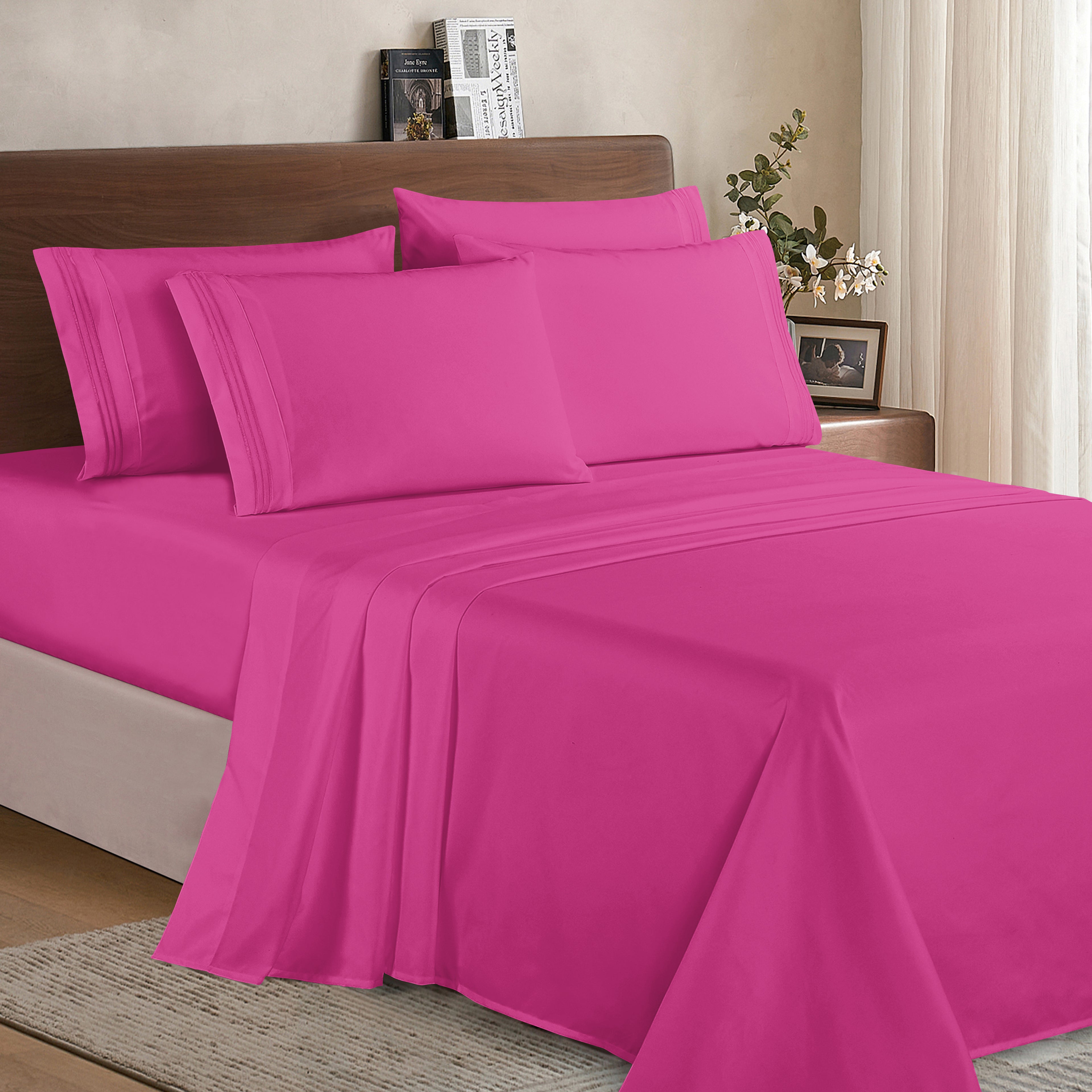 Essential 6-Piece 3-Line Embroidery Sheet Set, Soft as a Hotel Premium Quality, Bright Shades