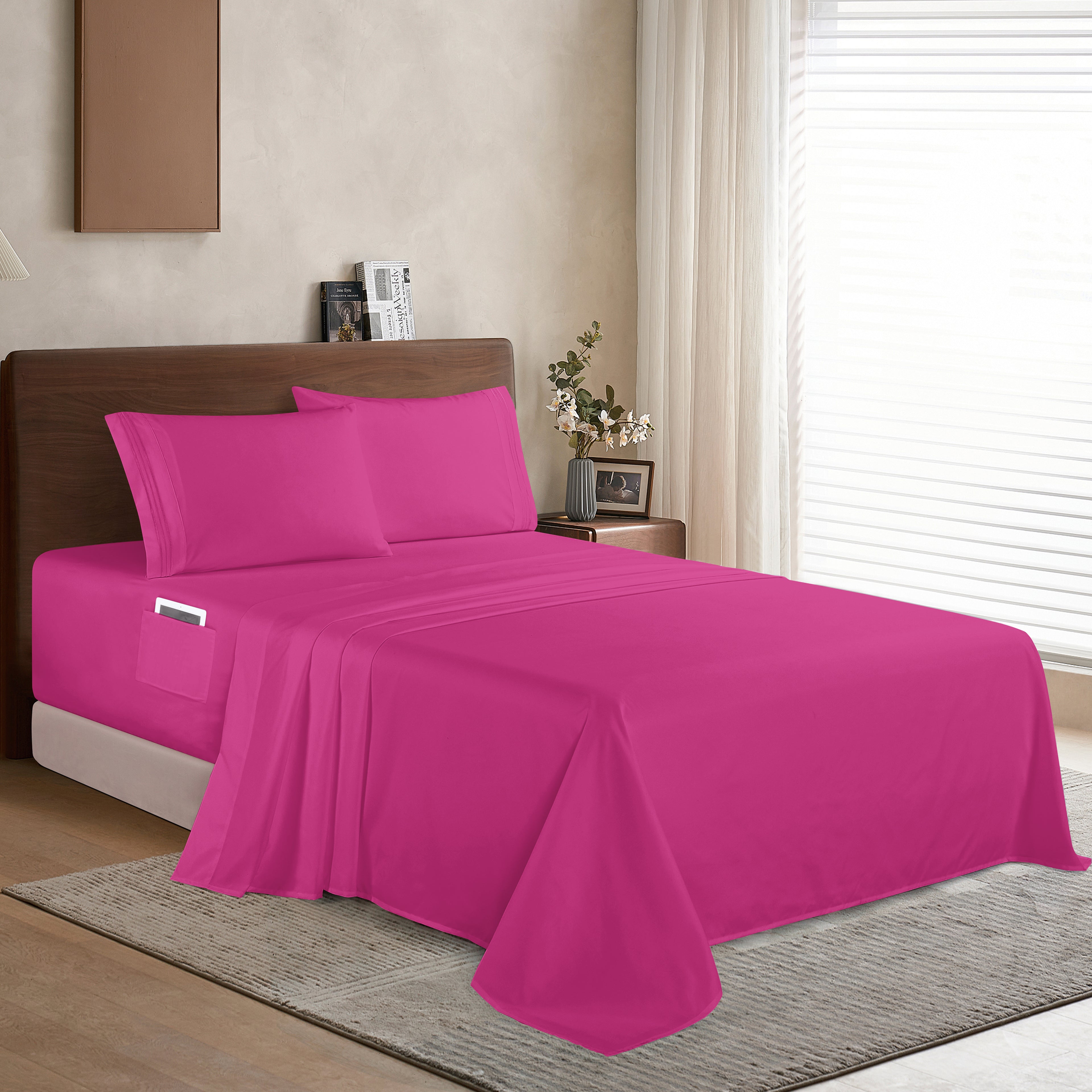 Extra deep 18-24 Inch Pocket 3 Line Embroidery, 4-Piece Sheet Set, Bright Shades