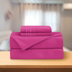 Essential Solid 3 Line Embroidery - Soft as a Hotel Premium Quality, 4-Piece Sheet Set, Bright Shades