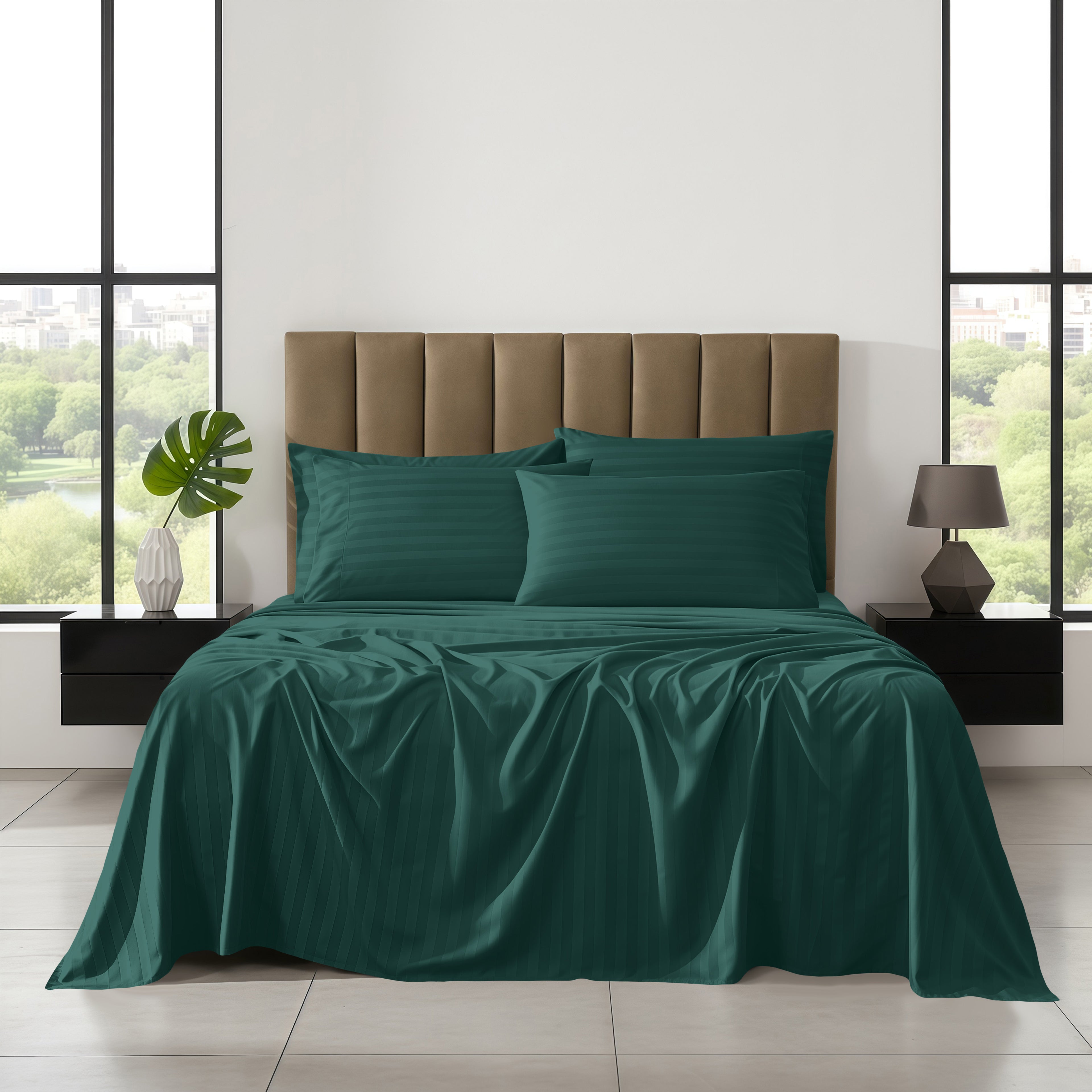 6-Piece Dobby Stripe Printed Bed Sheet Set- Soft as a Hotel Premium Quality