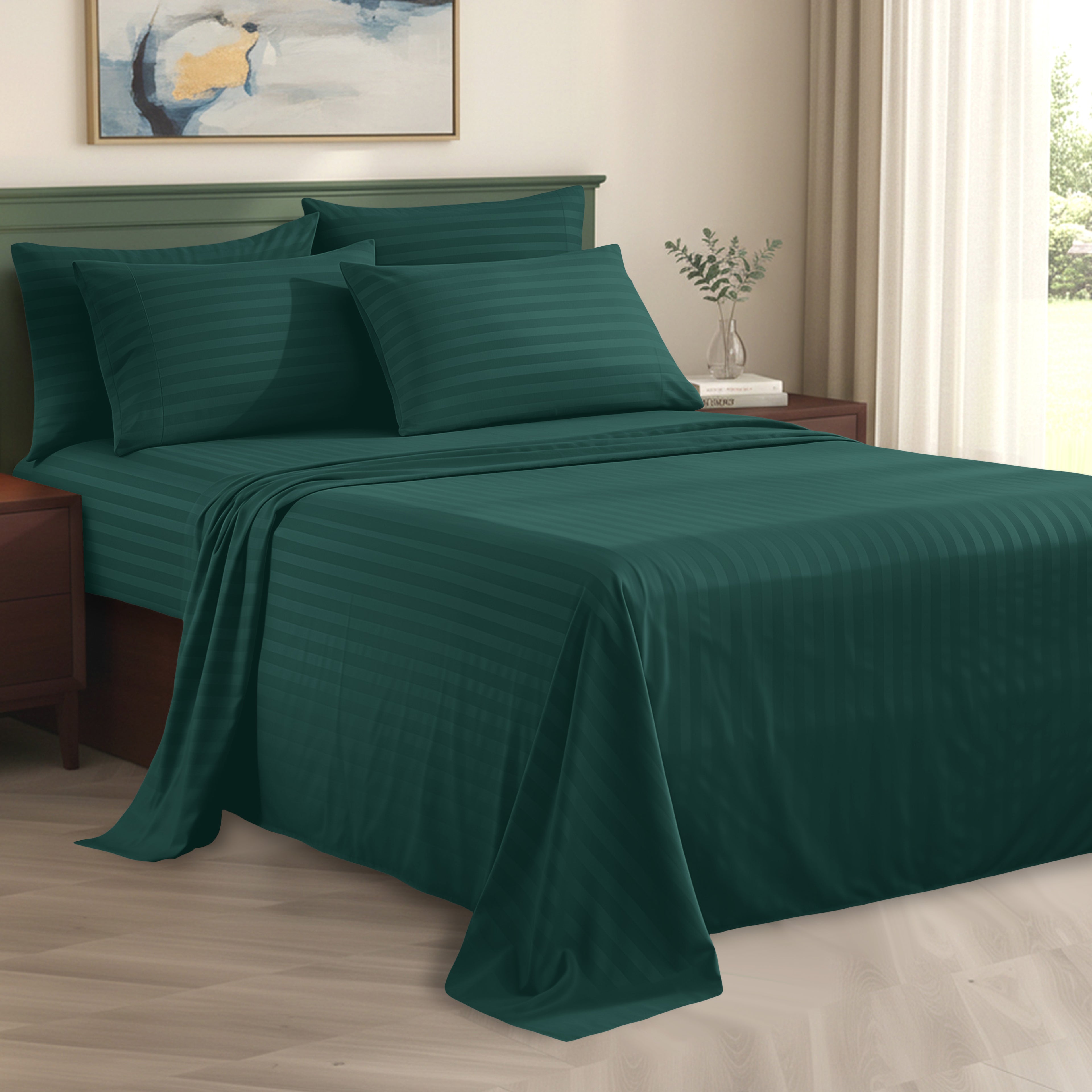 6-Piece Dobby Stripe Printed Bed Sheet Set- Soft as a Hotel Premium Quality