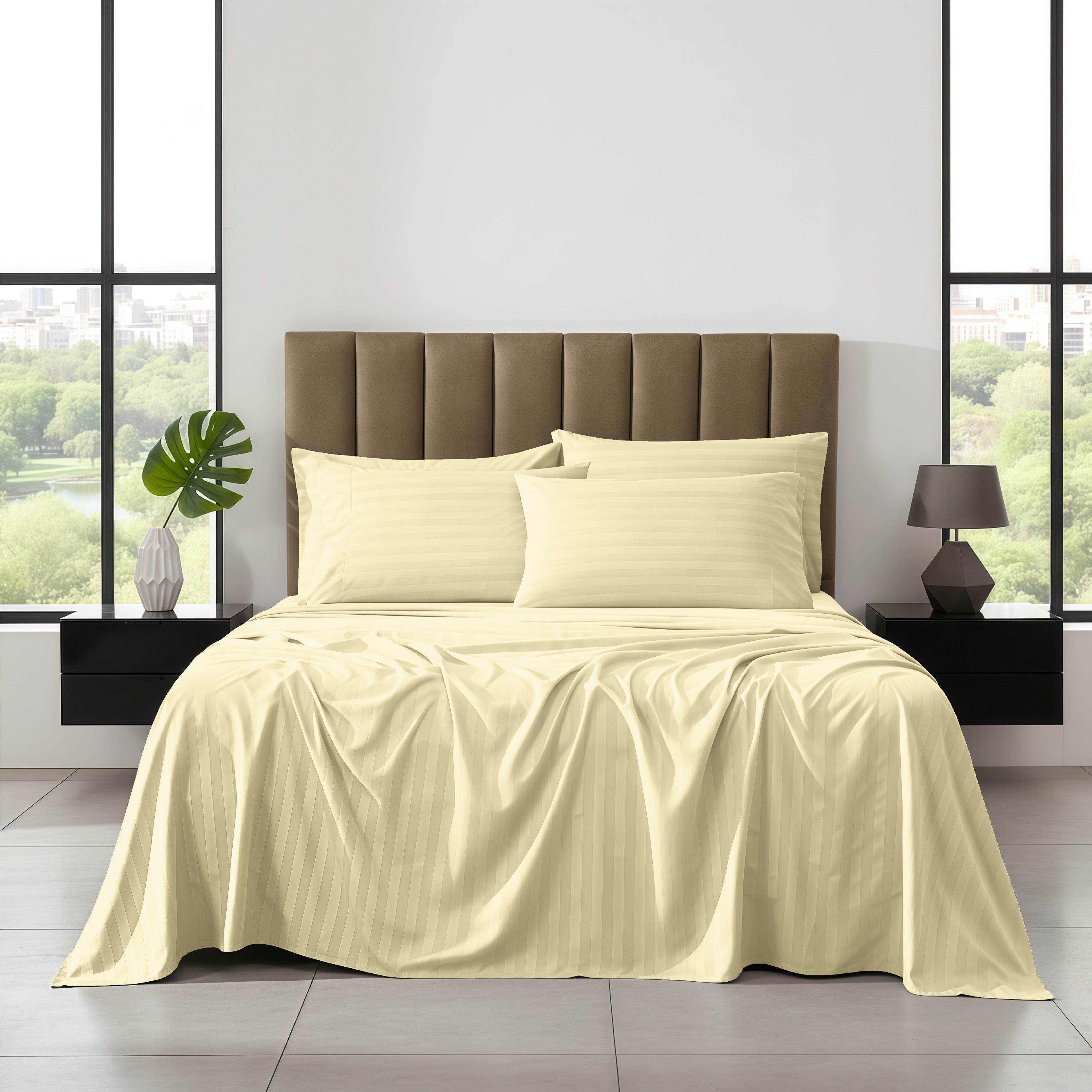 6-Piece Dobby Stripe Printed Bed Sheet Set- Soft as a Hotel Premium Quality
