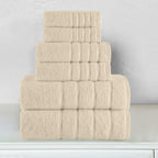 6-Piece Turkish Cotton 4 Lines Stripe Towel Set, 2 Washcloths, 2 Hand Towels and 2 Bath Towels