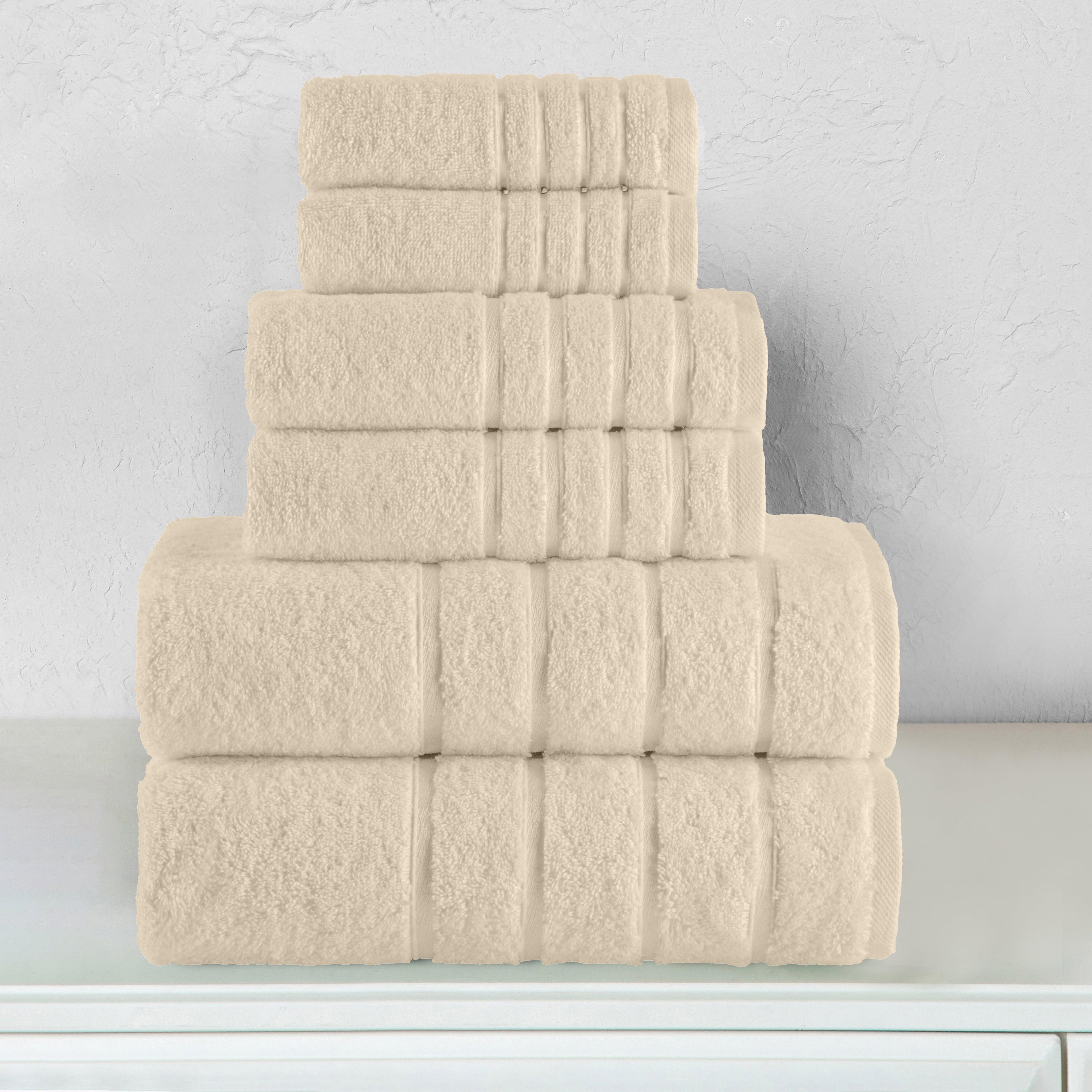6-Piece Turkish Cotton 4 Lines Stripe Towel Set, 2 Washcloths, 2 Hand Towels and 2 Bath Towels