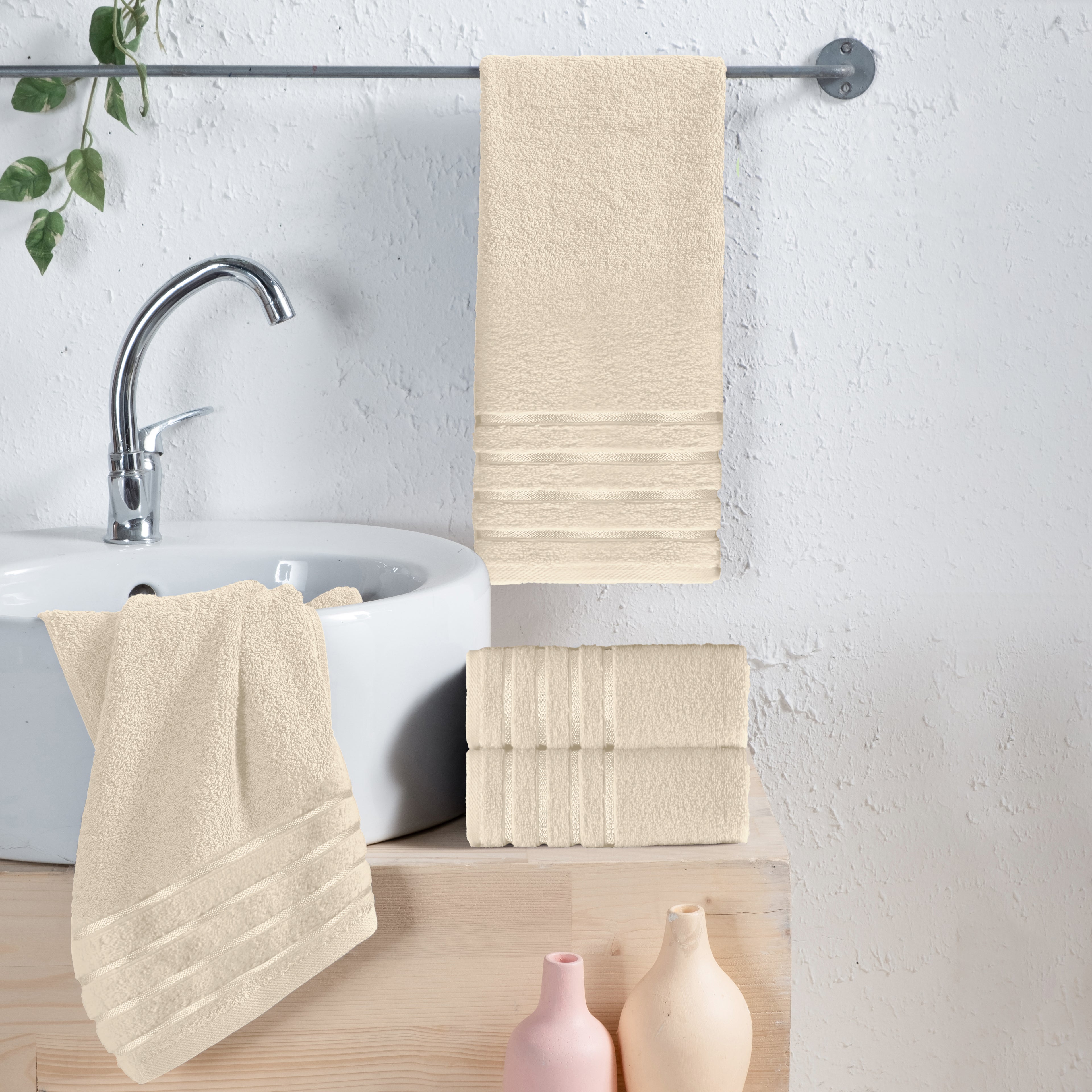 4-Pack Turkish Cotton 4 Lines Stripe Hand Towel Set, 16 x 28 inch
