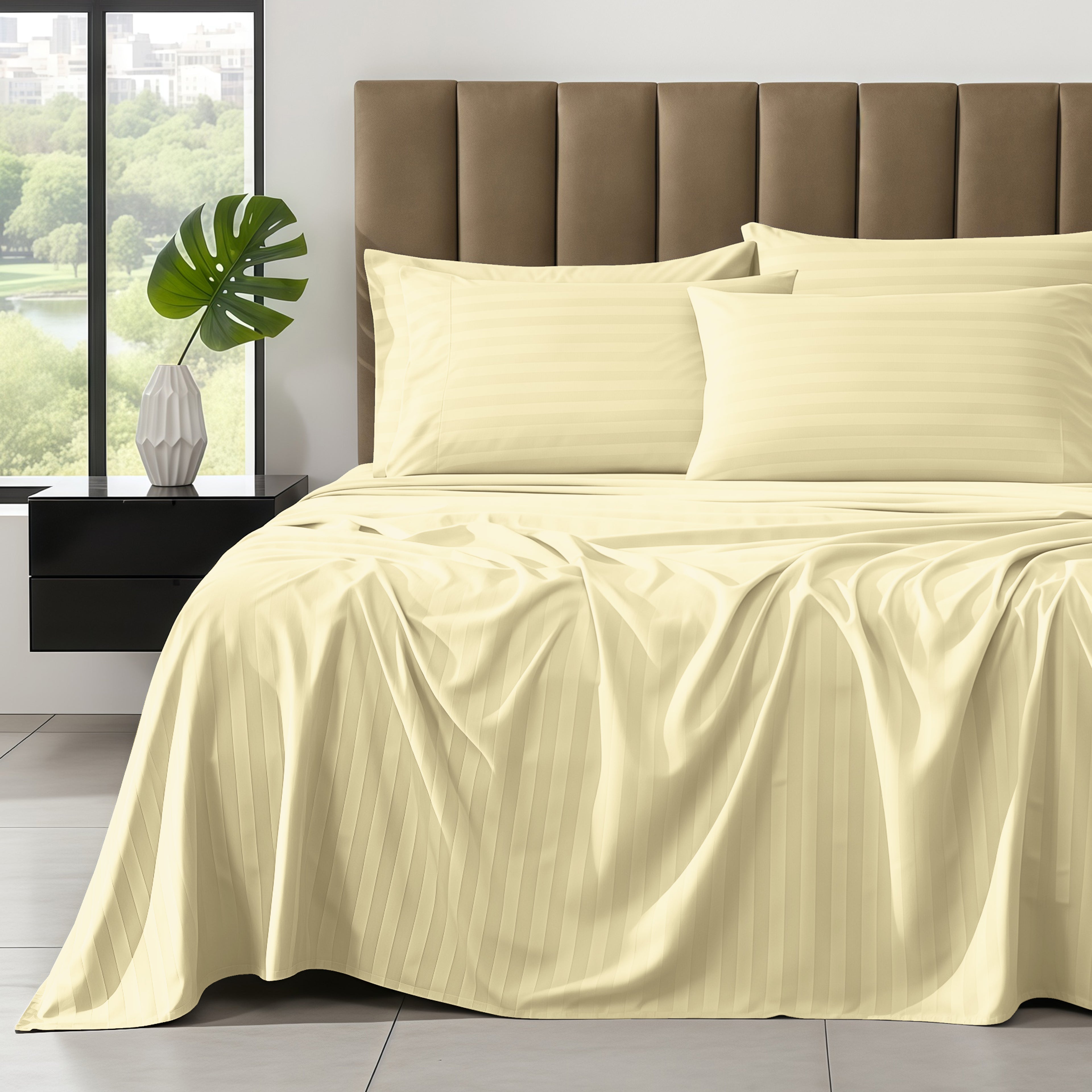 6-Piece Dobby Stripe Printed Bed Sheet Set- Soft as a Hotel Premium Quality