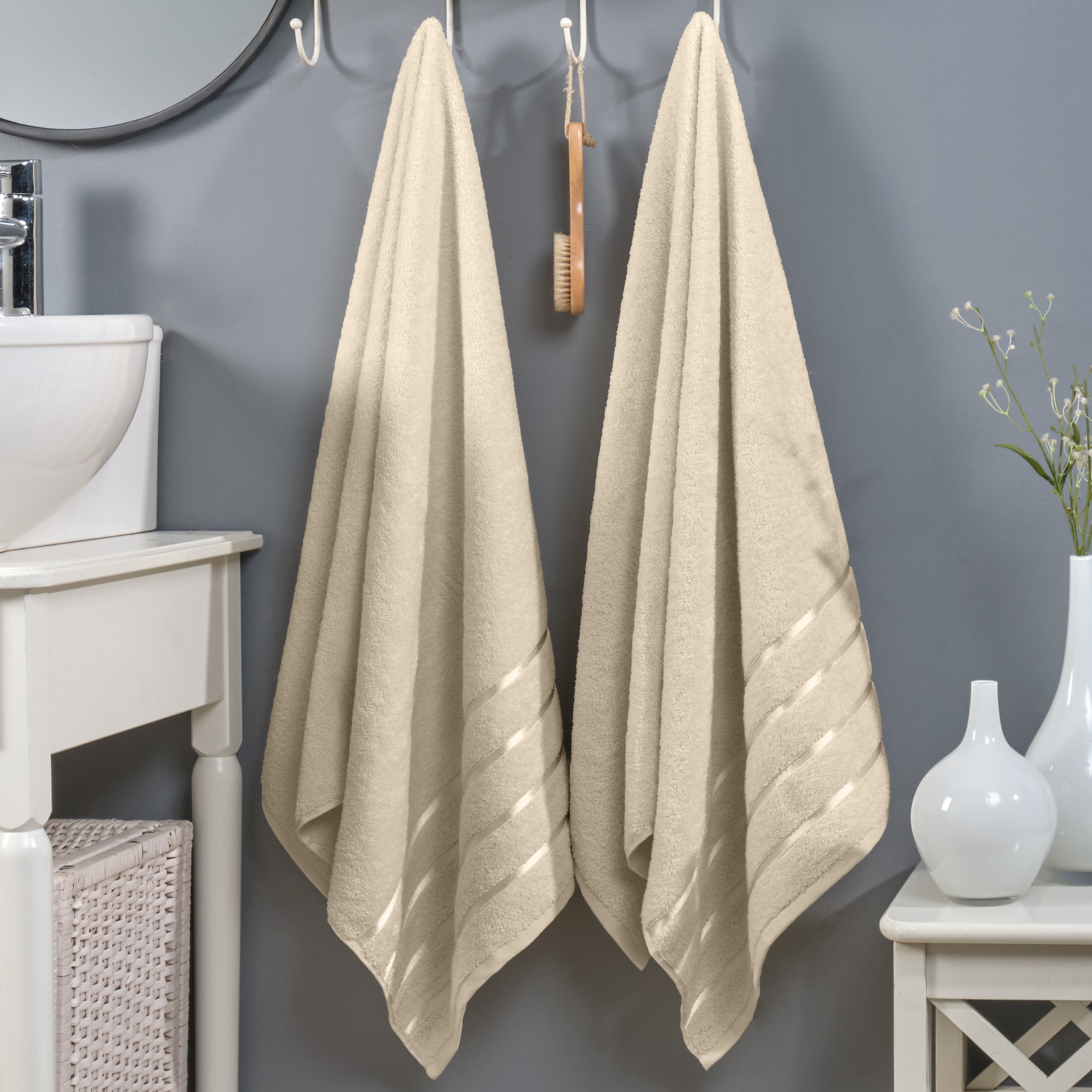 2-Pack Premium Turkish Cotton 4 Lines Stripe Bath Towel Set, 27 x 54 inch