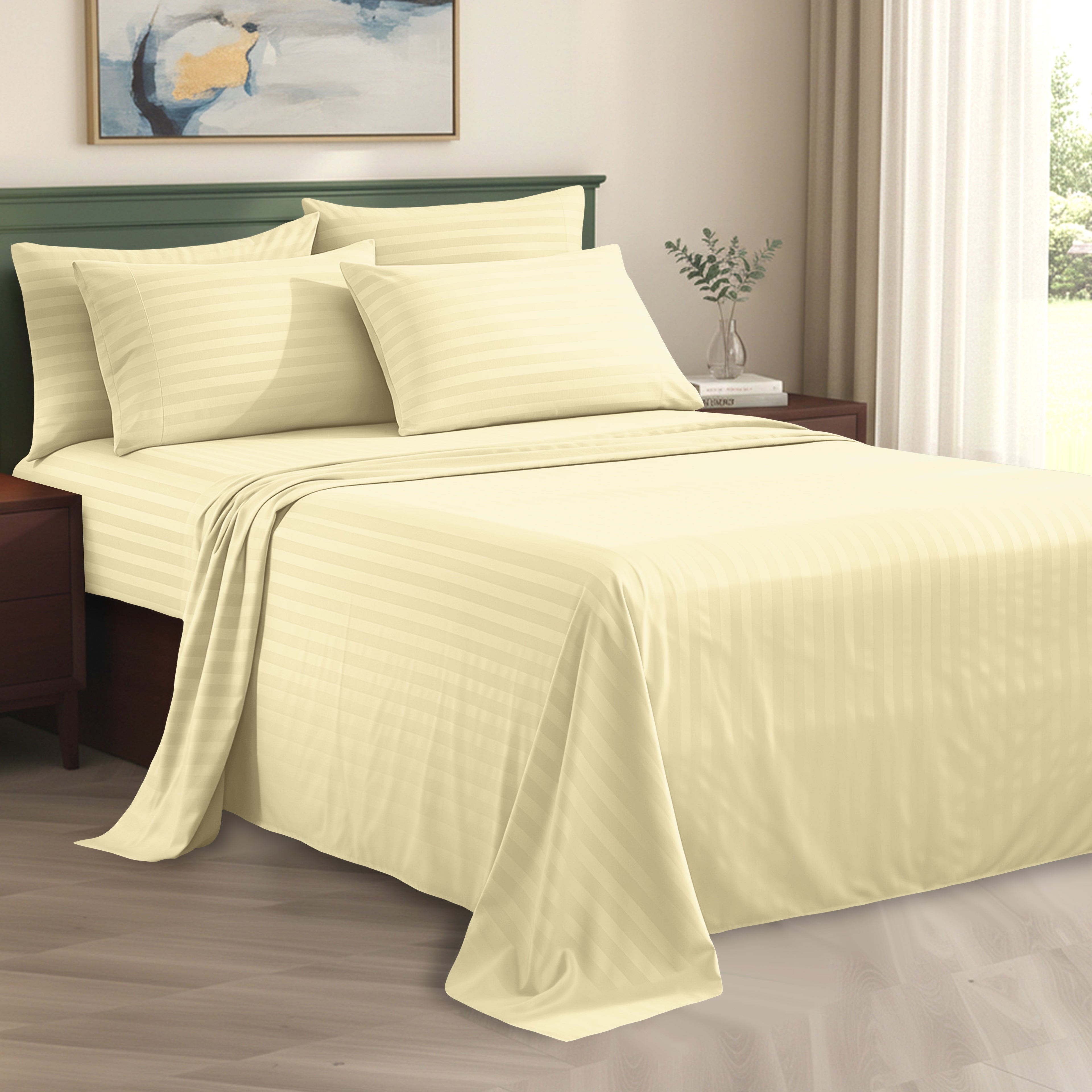 6-Piece Dobby Stripe Printed Bed Sheet Set- Soft as a Hotel Premium Quality