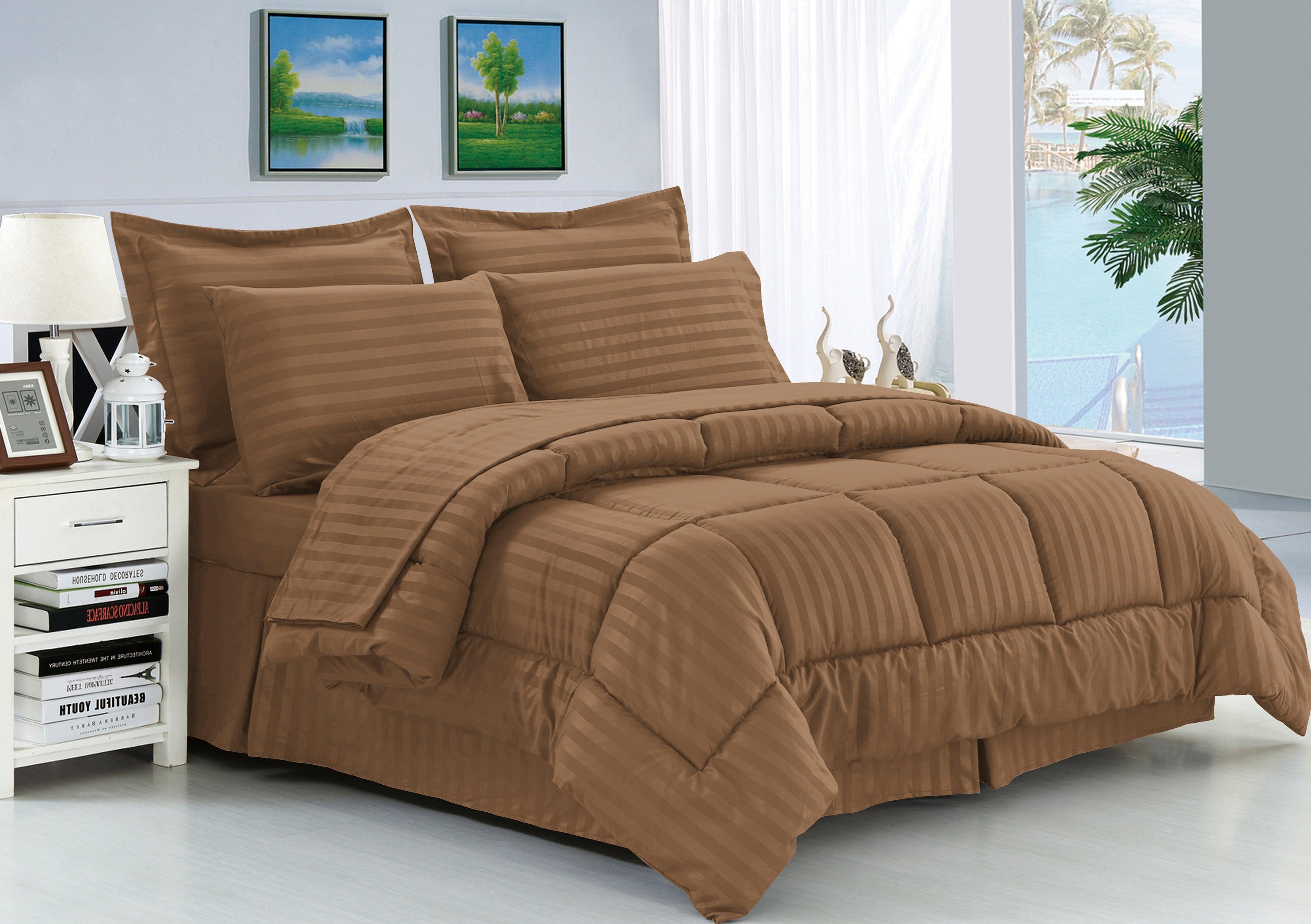8-Piece Dobby Stripe Comforter Set - Includes 4-Piece Sheet Set with Double Sided Storage Pockets