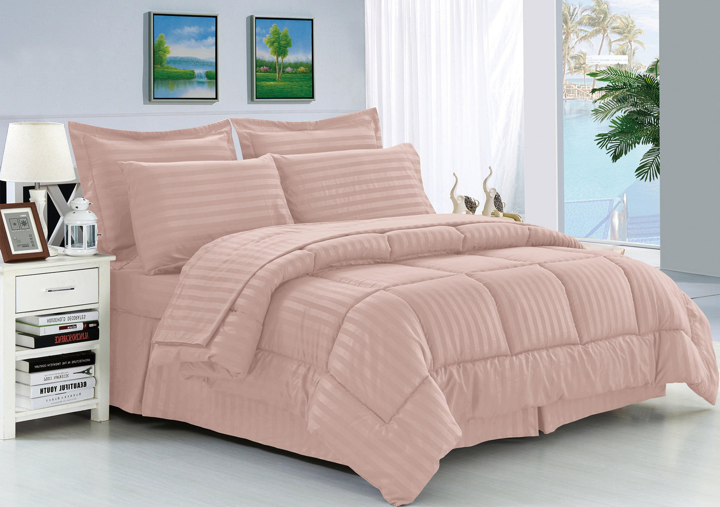 Elegant Comfort 8-Piece Dobby Stripe Comforter Set - Includes 4-Piece Sheet Set with Double Sided Storage Pockets