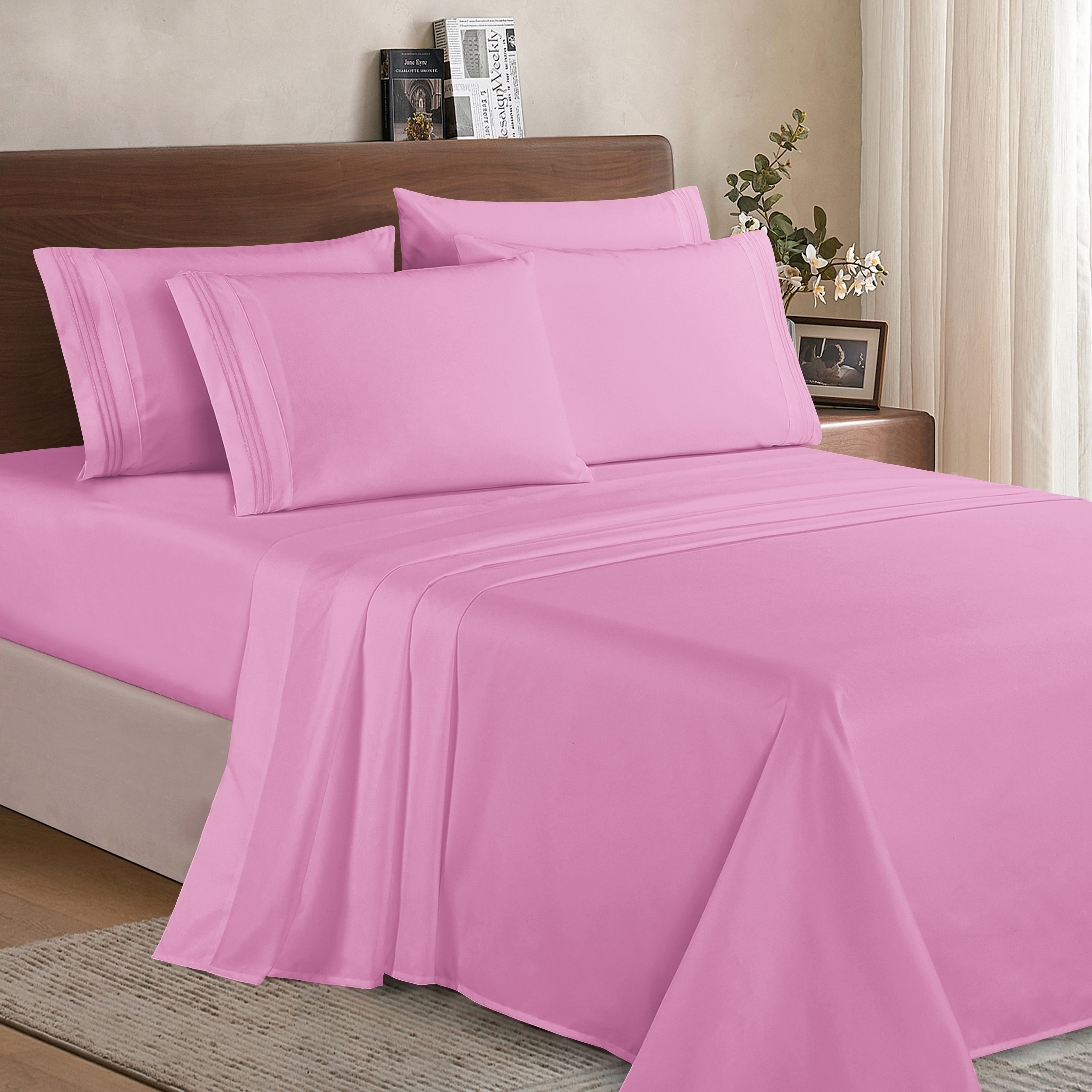 Essential 6-Piece 3-Line Embroidery Sheet Set, Soft as a Hotel Premium Quality, Bright Shades