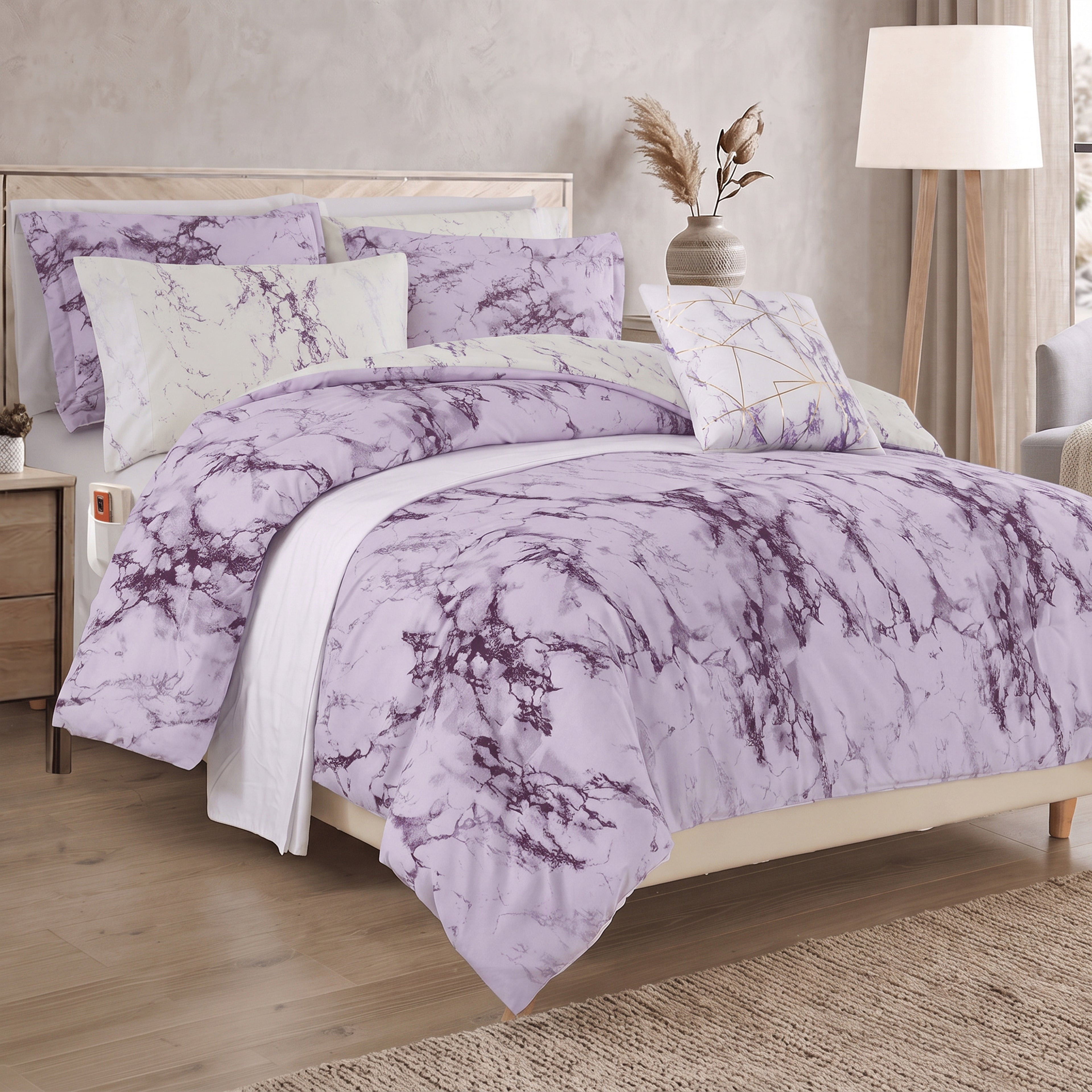 Reversible 10-Piece Marble Print Comforter Set, Includes 6-Piece Sheet Set with Double Sided Storage Pockets
