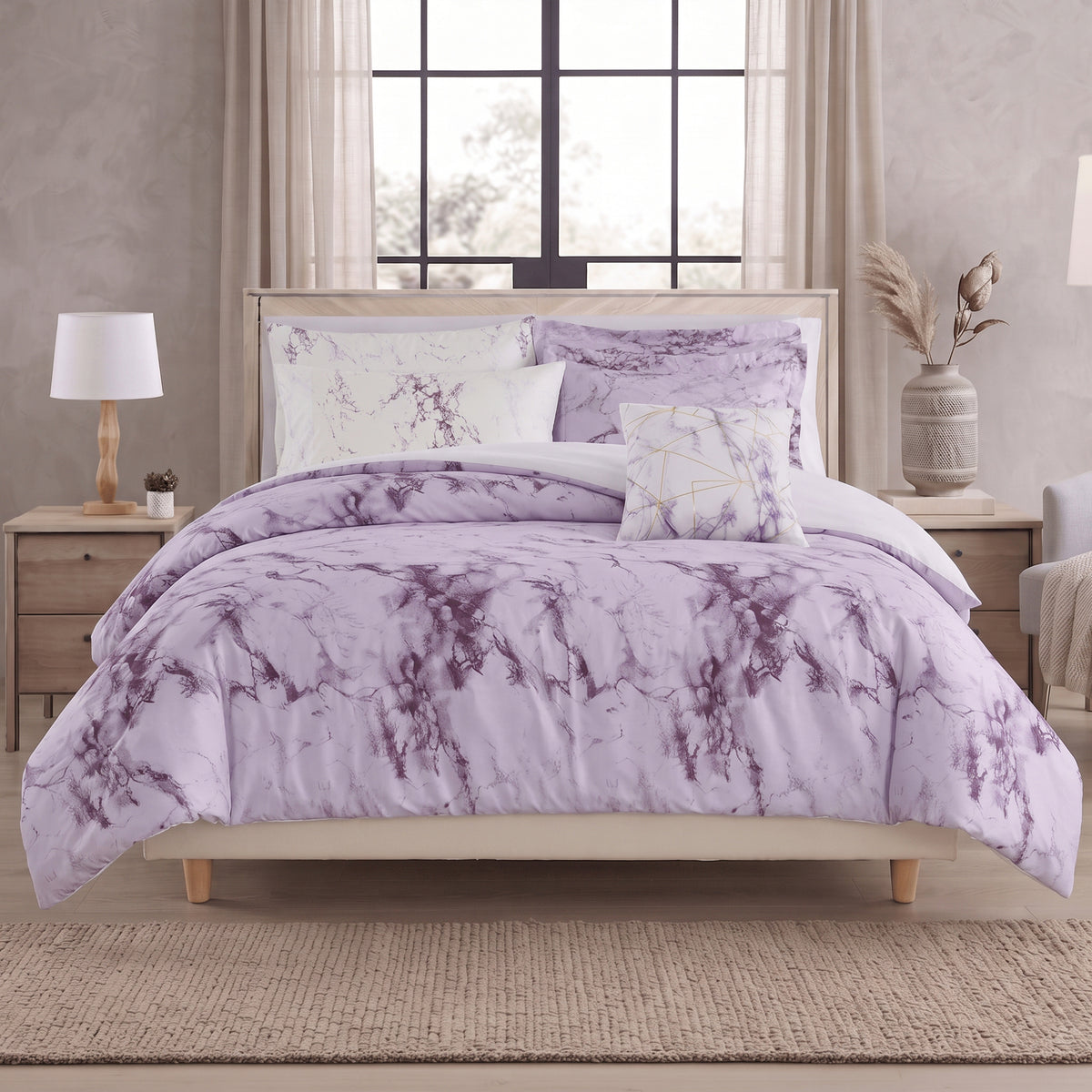 Reversible 10-Piece Marble Print Comforter Set, Includes 6-Piece Sheet Set with Double Sided Storage Pockets