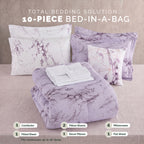 Reversible 10-Piece Marble Print Comforter Set, Includes 6-Piece Sheet Set with Double Sided Storage Pockets