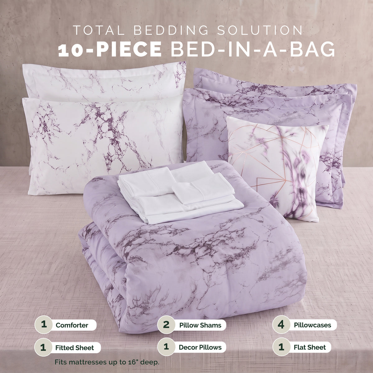Reversible 10-Piece Marble Print Comforter Set, Includes 6-Piece Sheet Set with Double Sided Storage Pockets