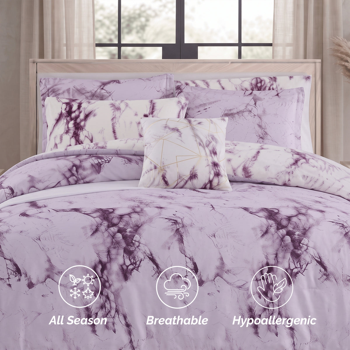 Reversible 10-Piece Marble Print Comforter Set, Includes 6-Piece Sheet Set with Double Sided Storage Pockets