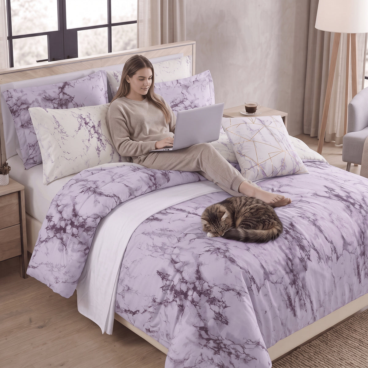 Reversible 10-Piece Marble Print Comforter Set, Includes 6-Piece Sheet Set with Double Sided Storage Pockets