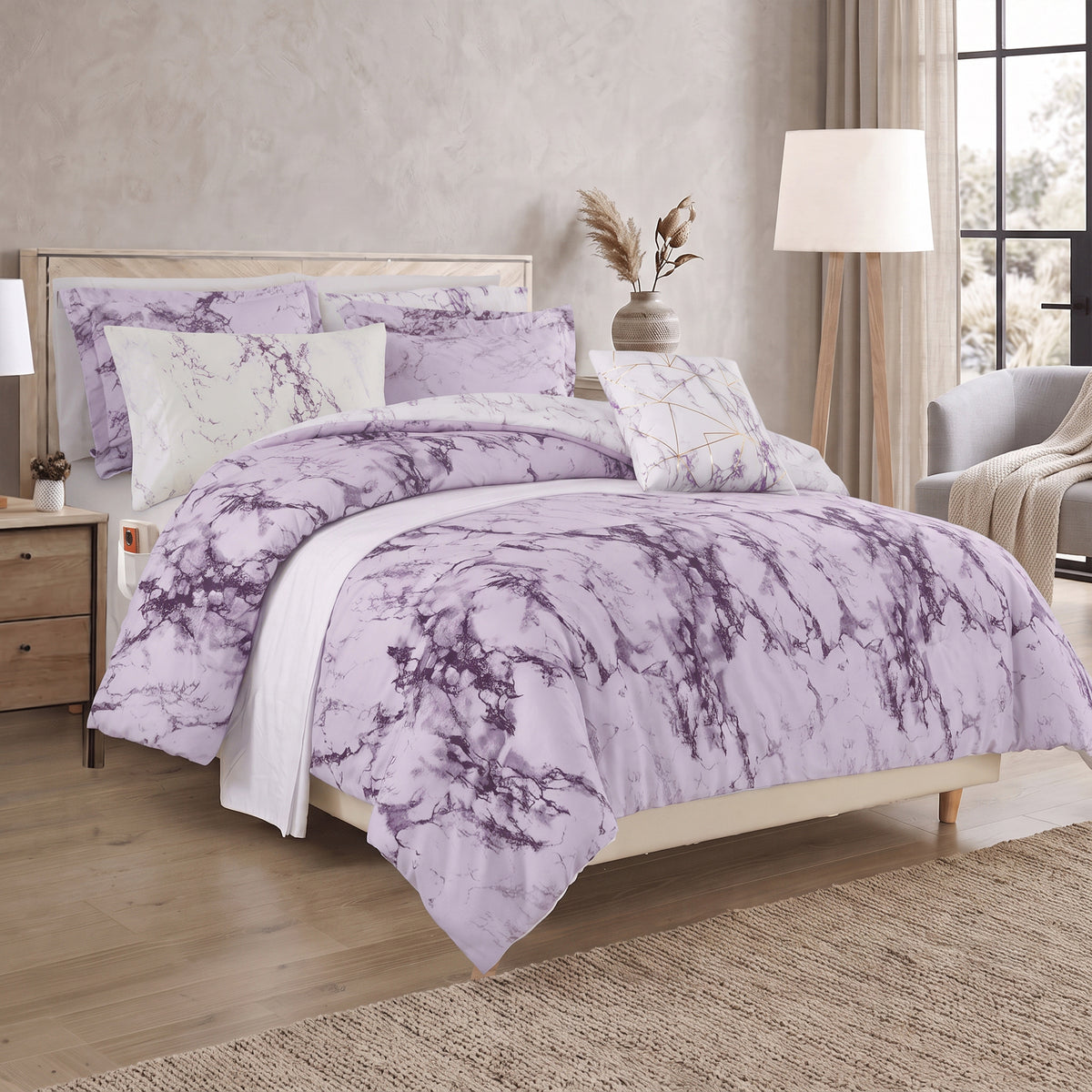 Reversible 10-Piece Marble Print Comforter Set, Includes 6-Piece Sheet Set with Double Sided Storage Pockets