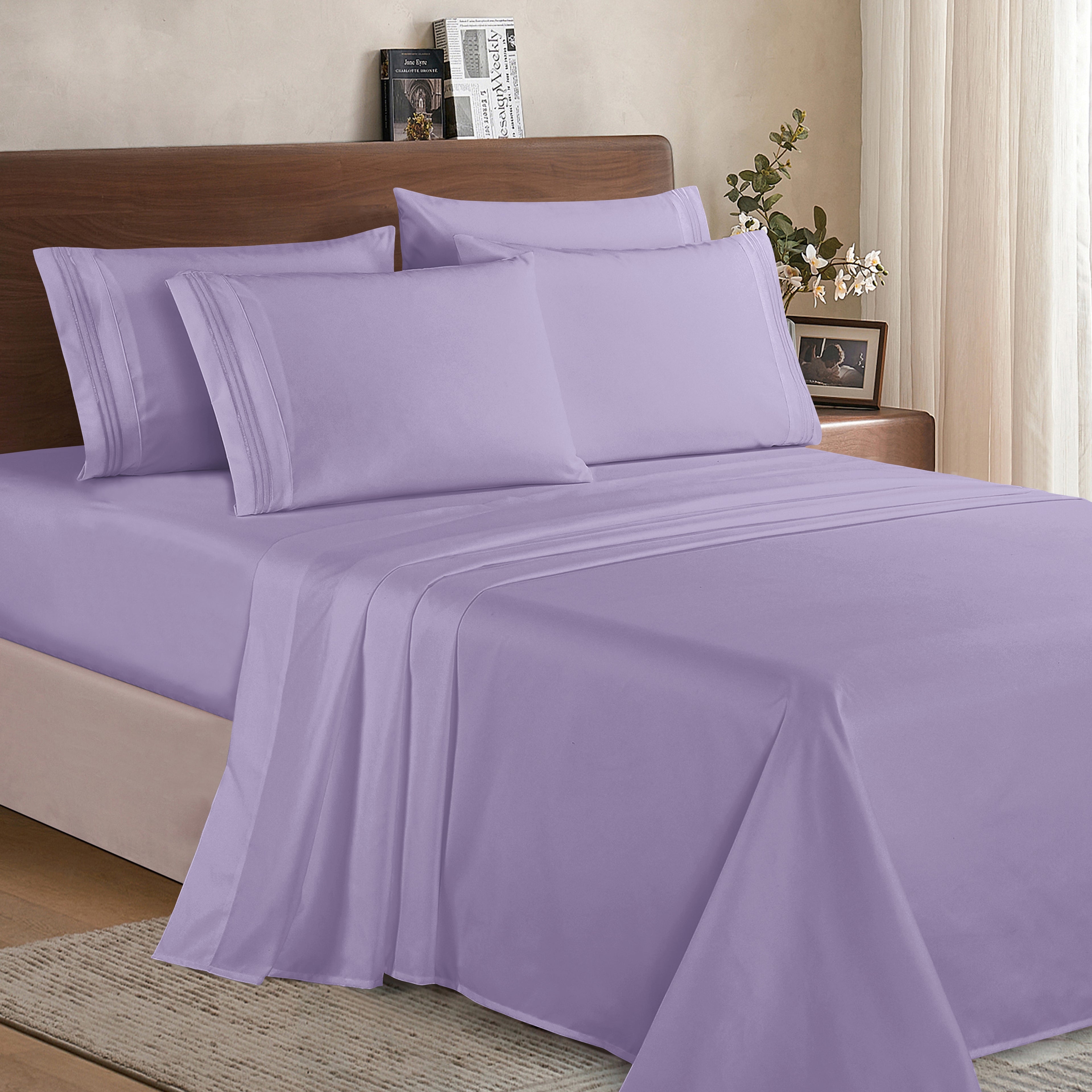 Essential 6-Piece 3-Line Embroidery Sheet Set, Soft as a Hotel Premium Quality, Bright Shades