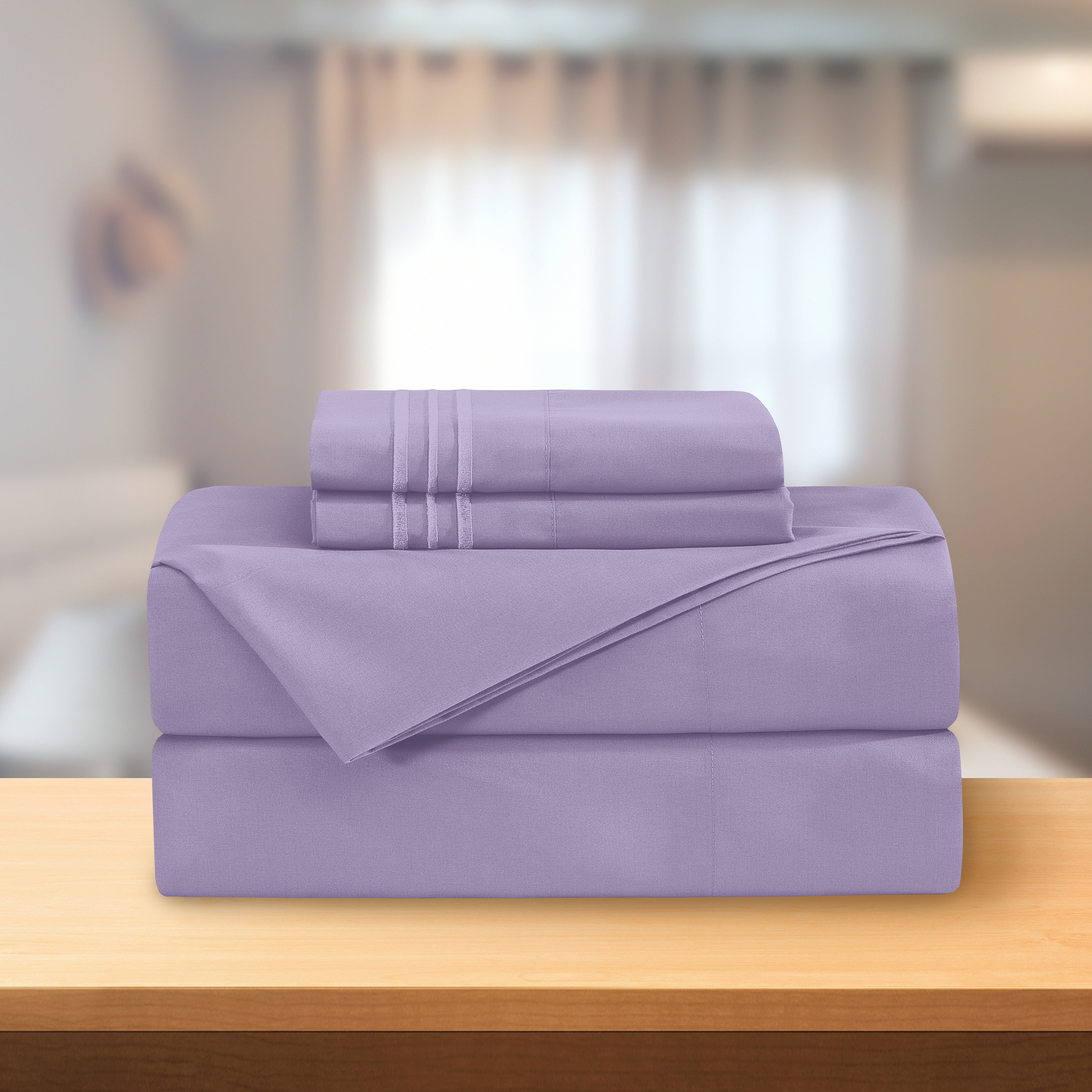 Essential Solid 3 Line Embroidery - Soft as a Hotel Premium Quality, 4-Piece Sheet Set, Bright Shades