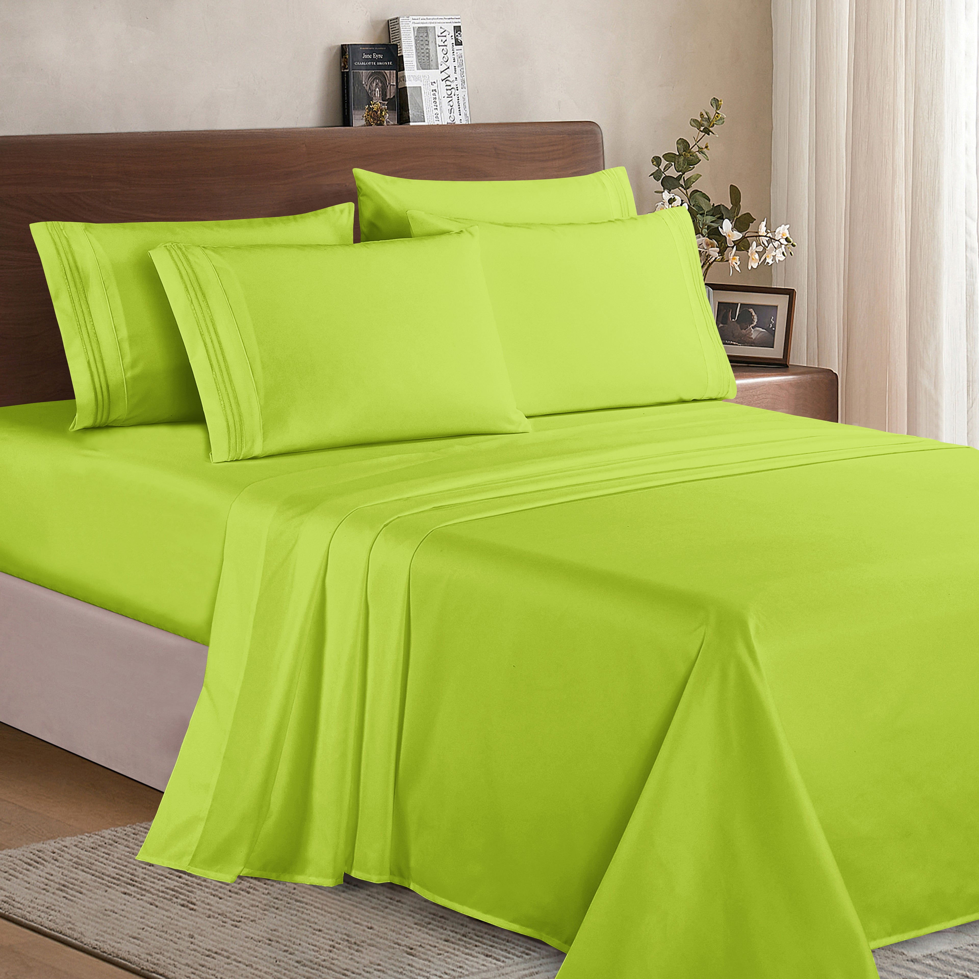 Essential 6-Piece 3-Line Embroidery Sheet Set, Soft as a Hotel Premium Quality, Bright Shades