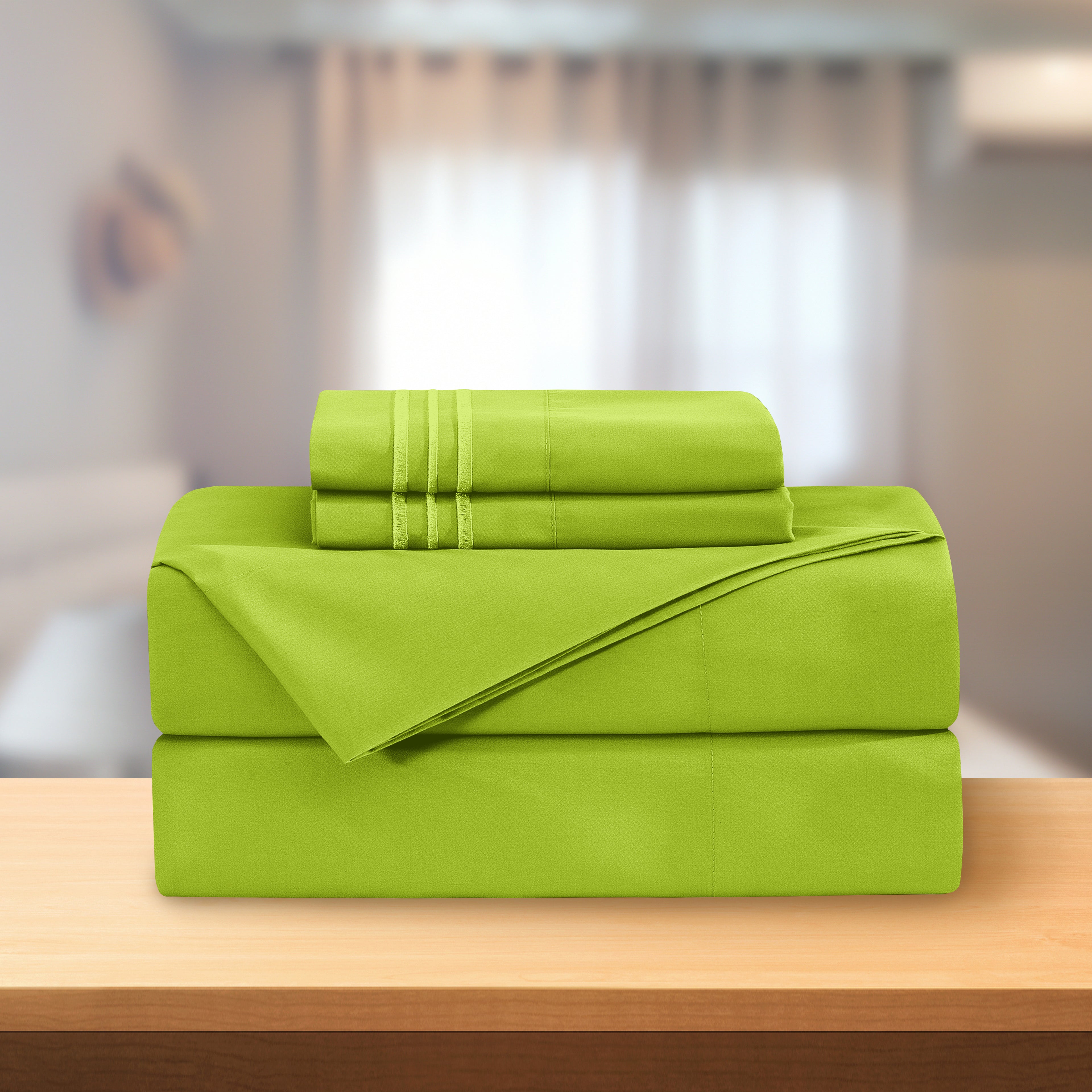 Essential Solid 3 Line Embroidery - Soft as a Hotel Premium Quality, 4-Piece Sheet Set, Bright Shades