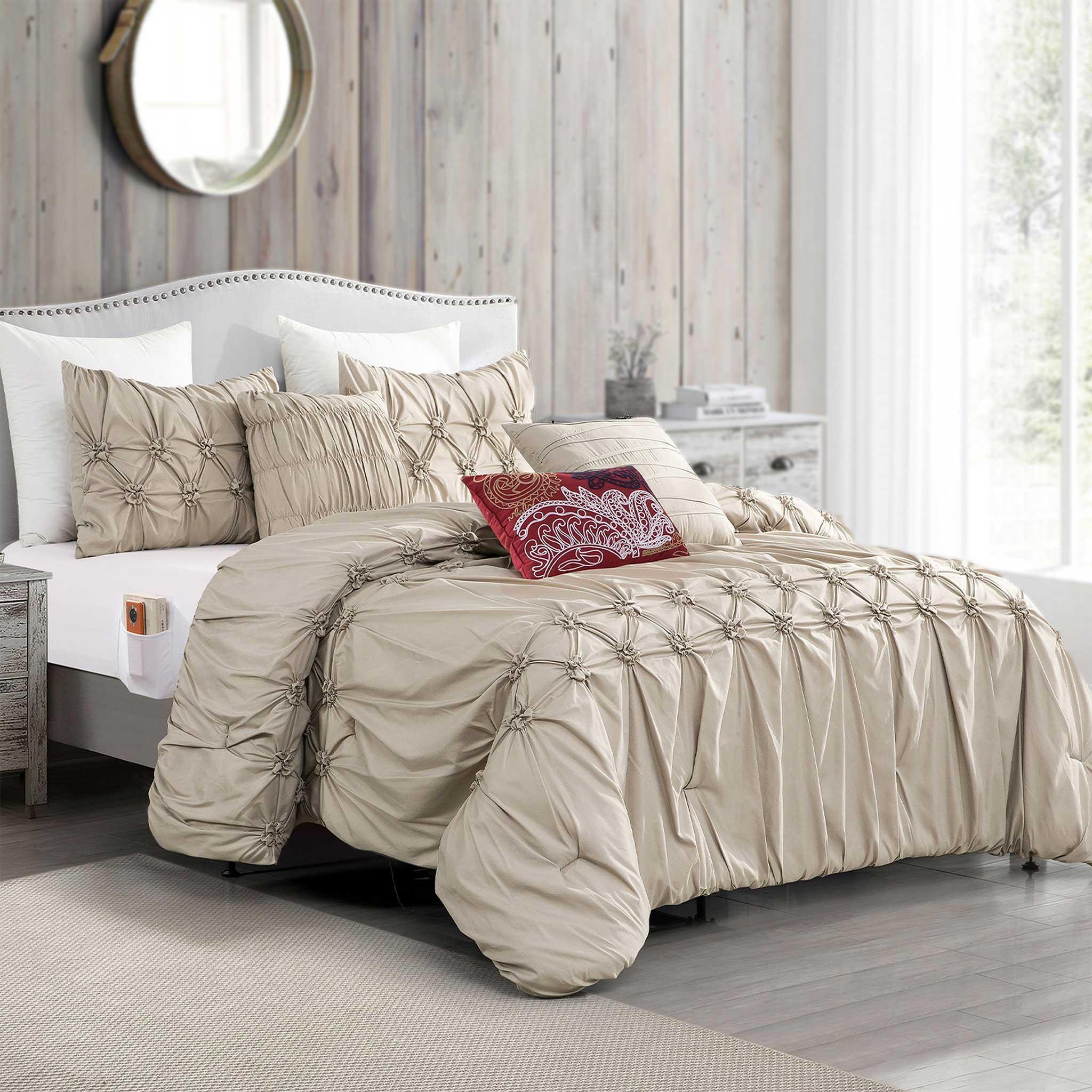 12-Piece Ella Pleated Ruched Pintuck Comforter Set, Includes 6-Piece Sheet Set with Double Sided Storage Pockets