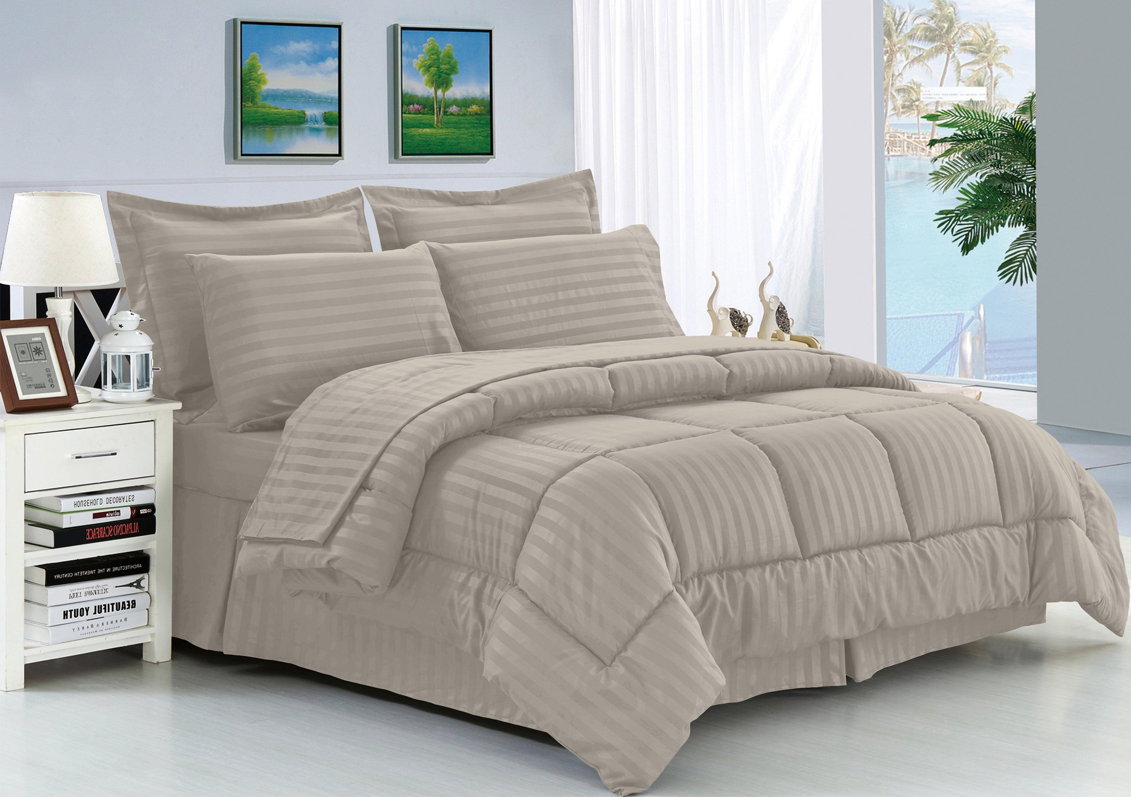 8-Piece Dobby Stripe Comforter Set - Includes 4-Piece Sheet Set with Double Sided Storage Pockets