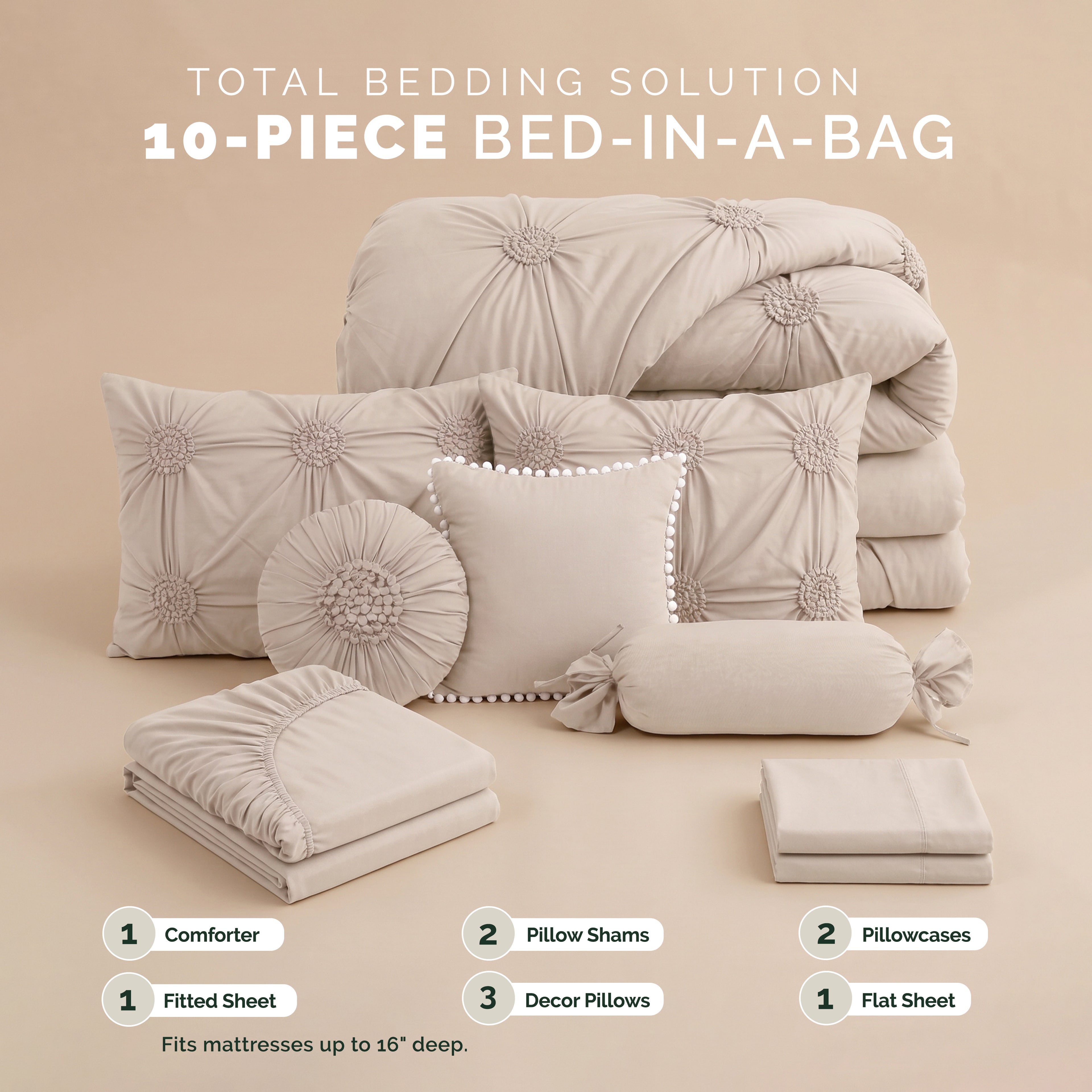 10-Piece Sunflower Comforter Set - Includes 4-Piece Sheet Set with Double Sided Storage Pockets