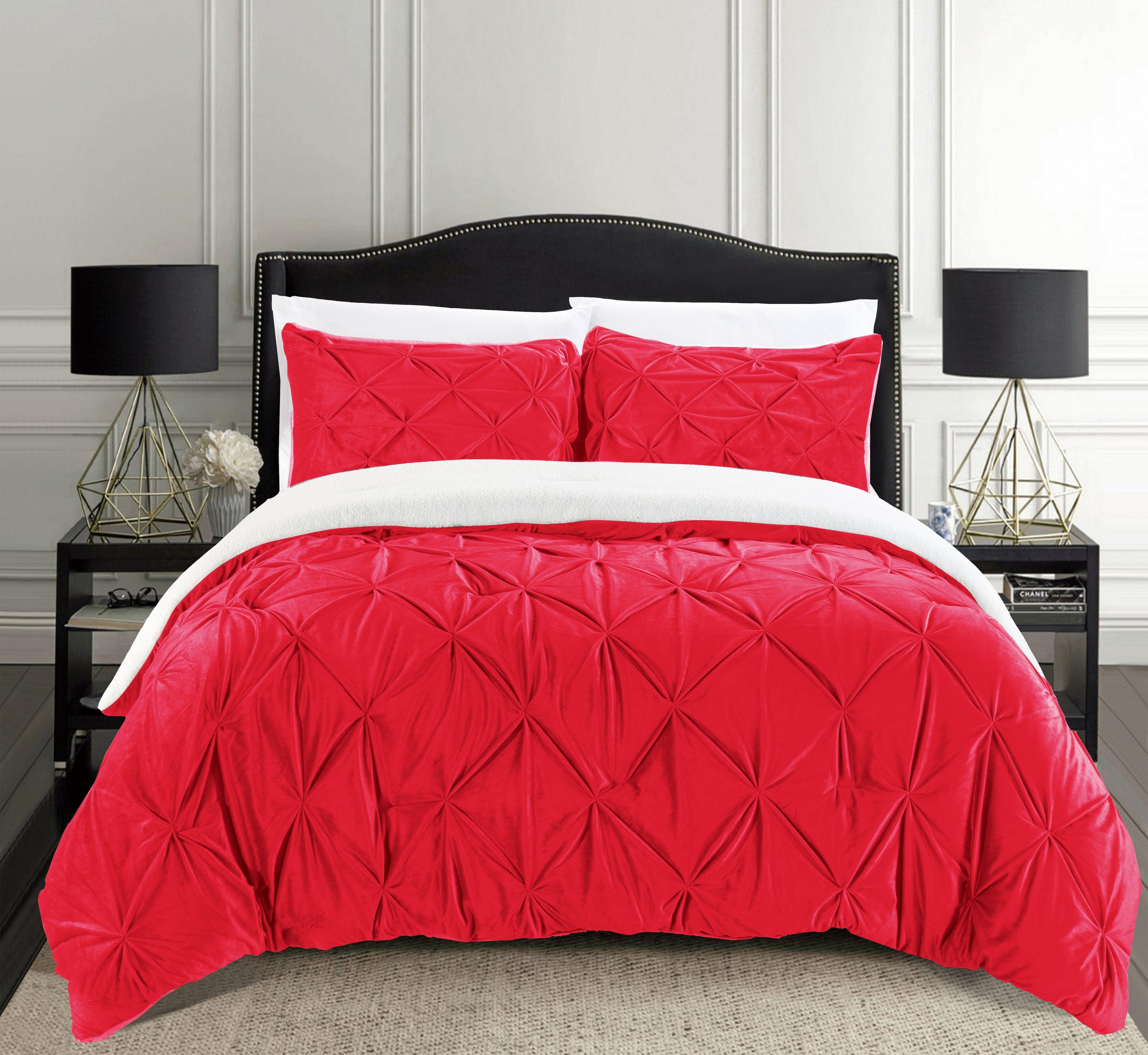 3-Piece Pinch Pleated Micro-Suede Reversible Sherpa - Comforter Set