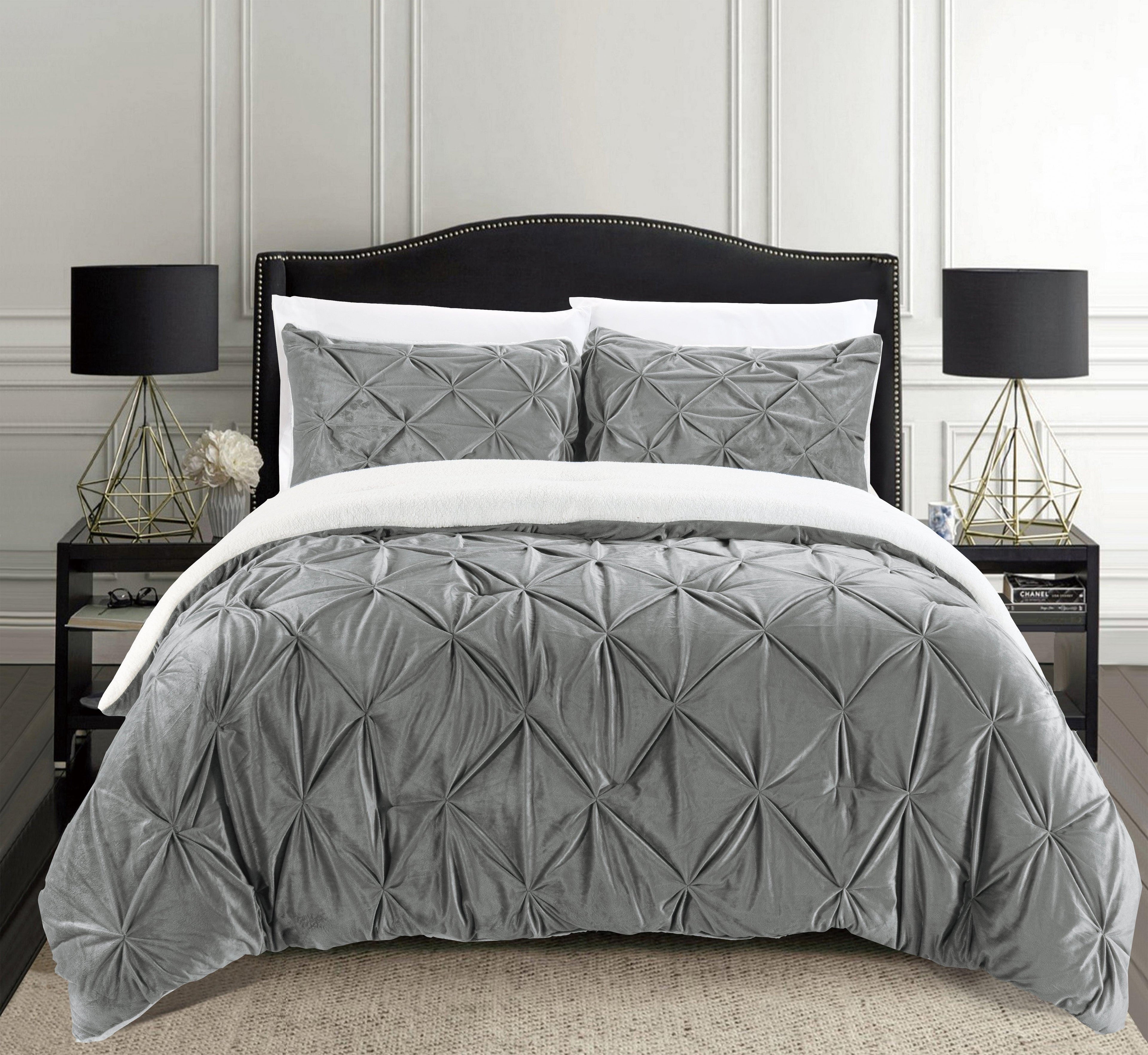 3-Piece Pinch Pleated Micro-Suede Reversible Sherpa - Comforter Set
