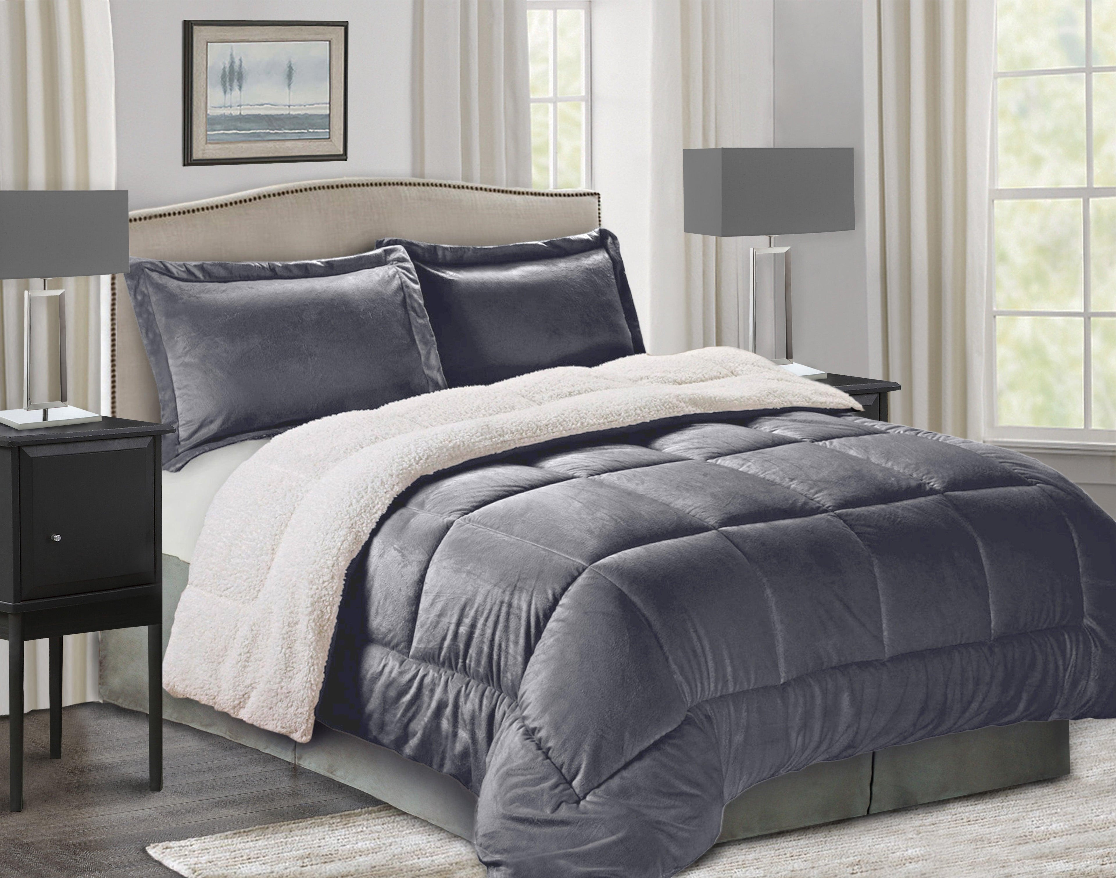 3-Piece Micro-Suede Reversible Sherpa - Solid Color Design Comforter Set