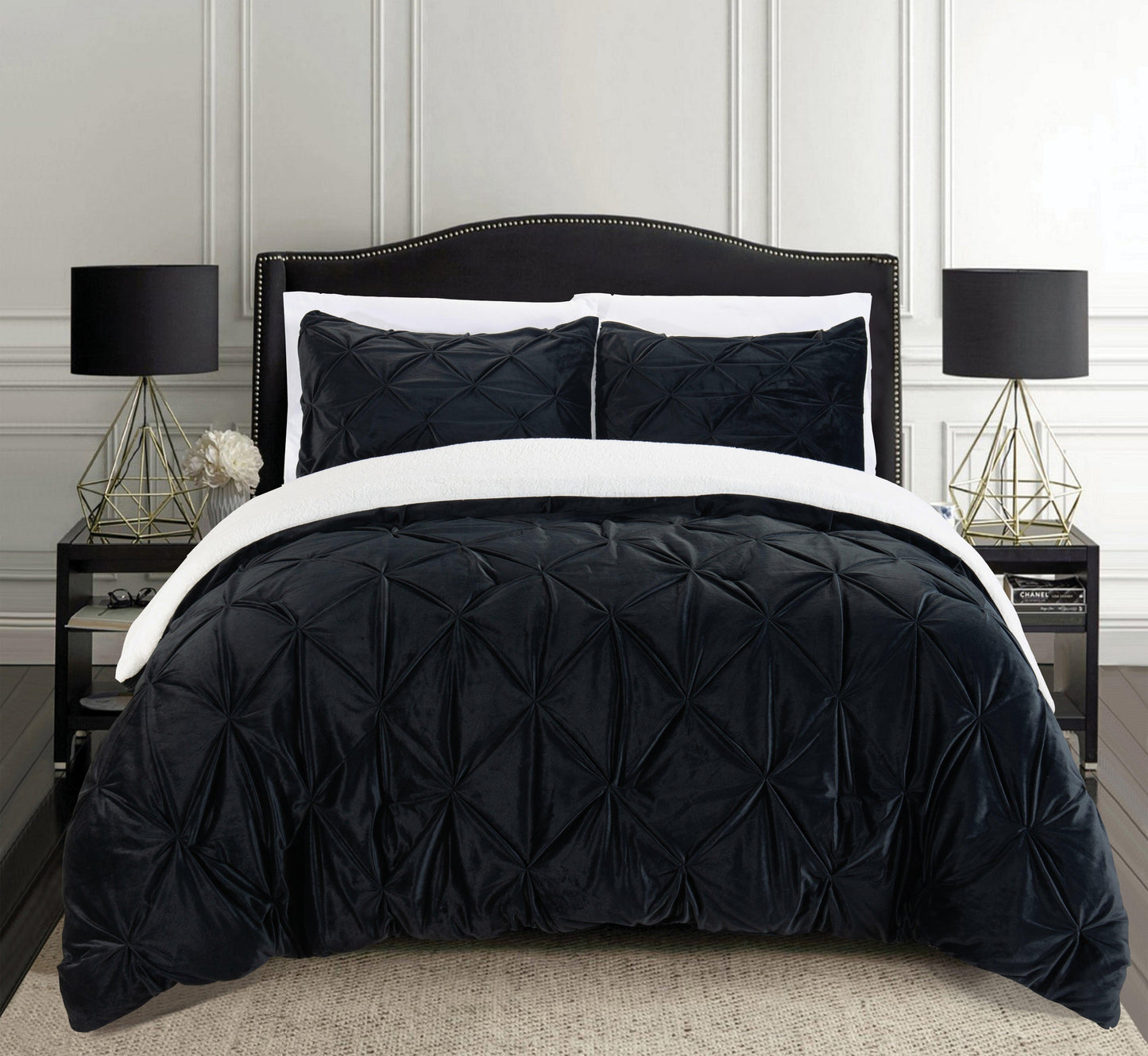 Elegant Comfort 3-Piece Pinch Pleated Micro-Suede Reversible Sherpa - Comforter Set