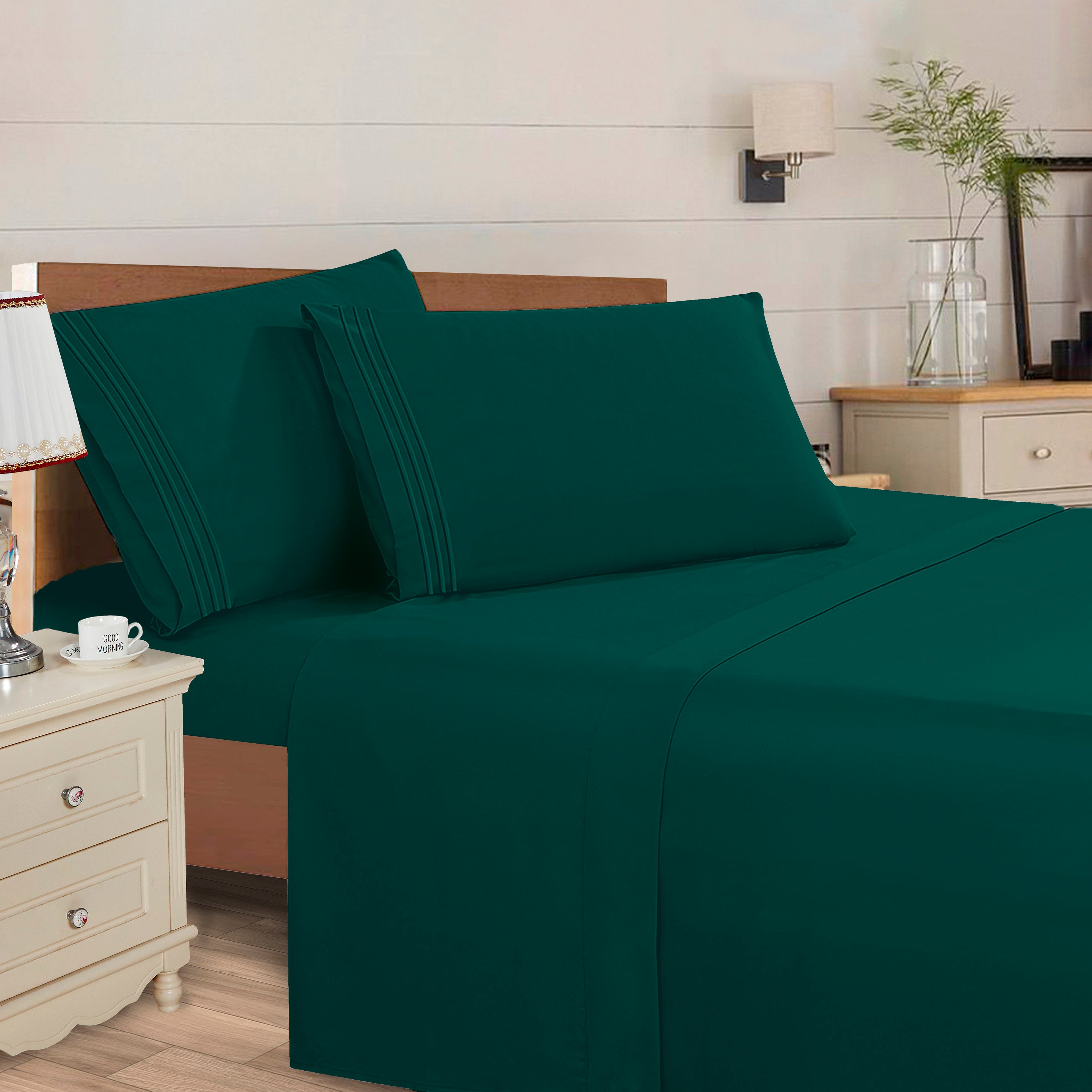 Essential 4-Piece 3-Line Embroidery Sheet Set, Soft as a Hotel Premium Quality,  Moody Shades