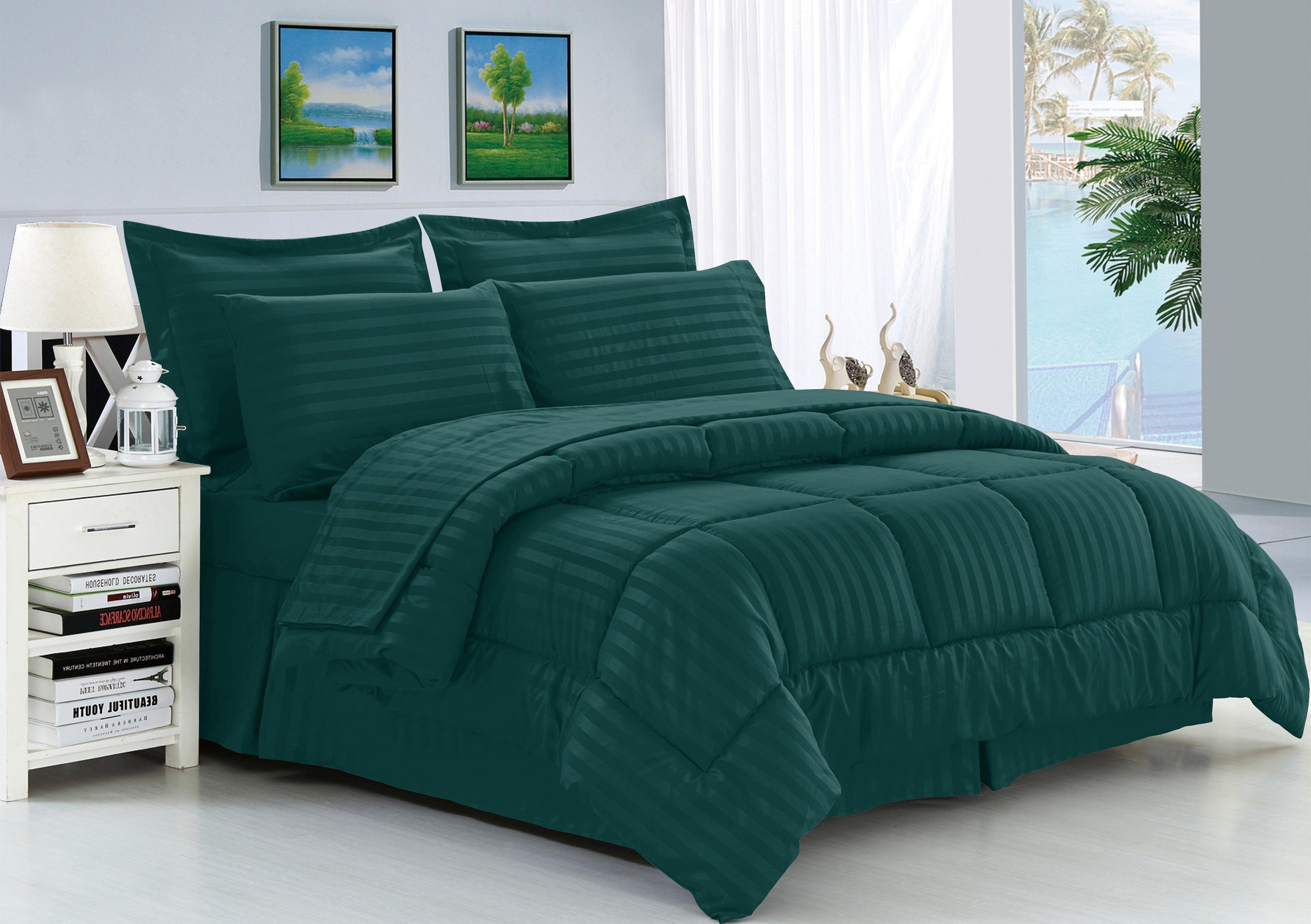 8-Piece Dobby Stripe Comforter Set - Includes 4-Piece Sheet Set with Double Sided Storage Pockets