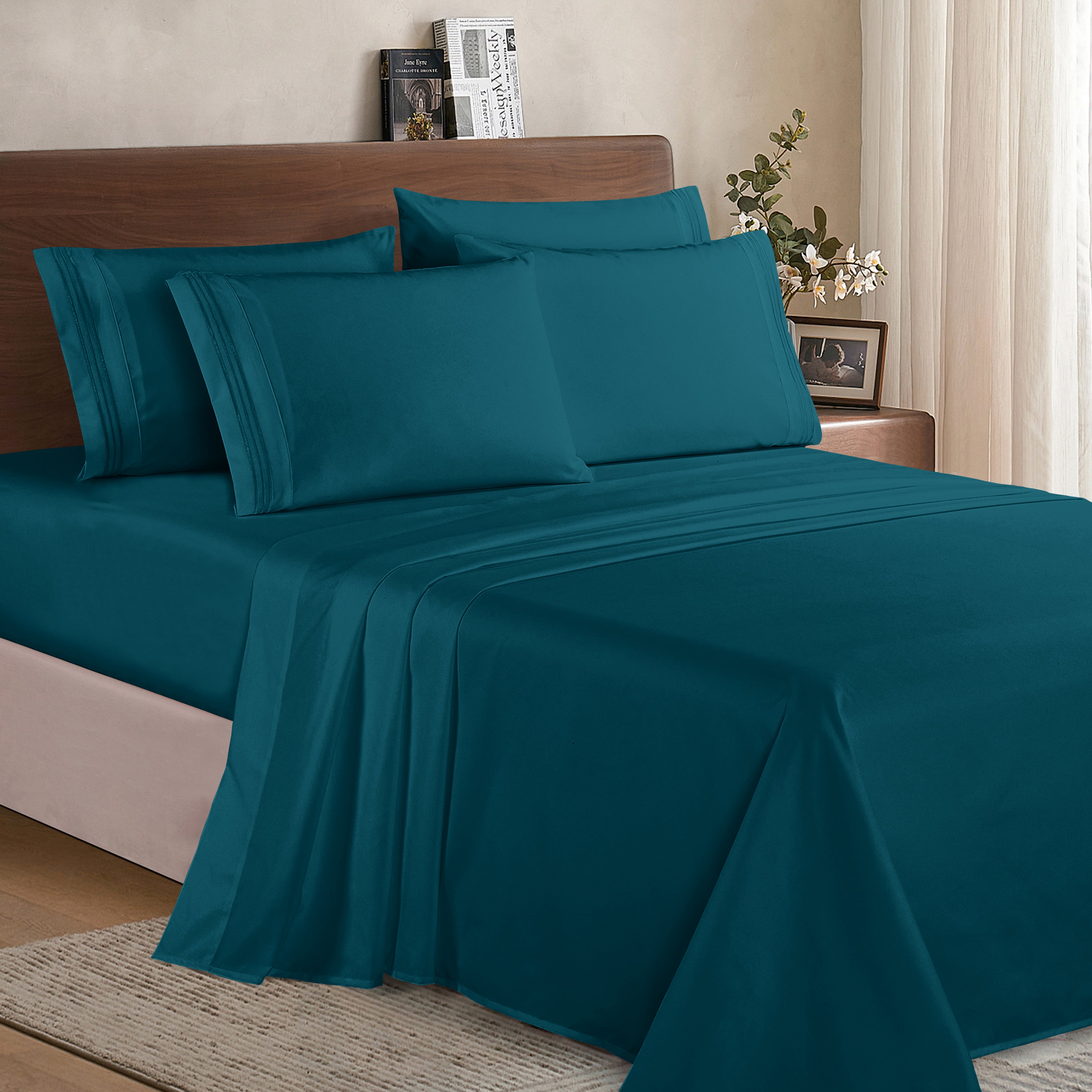Essential 6-Piece 3-Line Embroidery Sheet Set, Soft as a Hotel Premium Quality,  Moody Shades