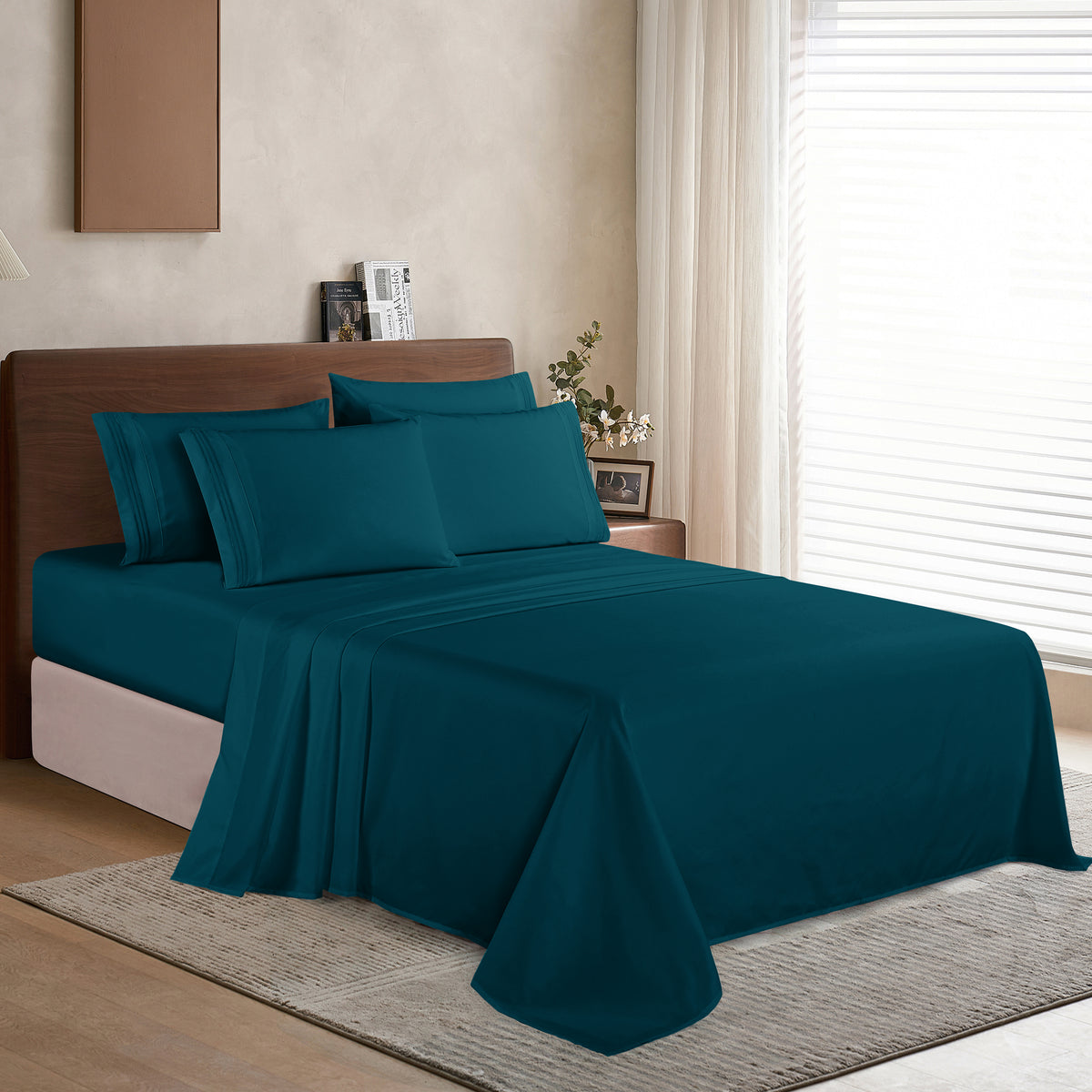 Essential 6-Piece 3-Line Embroidery Sheet Set, Soft as a Hotel Premium Quality,  Moody Shades