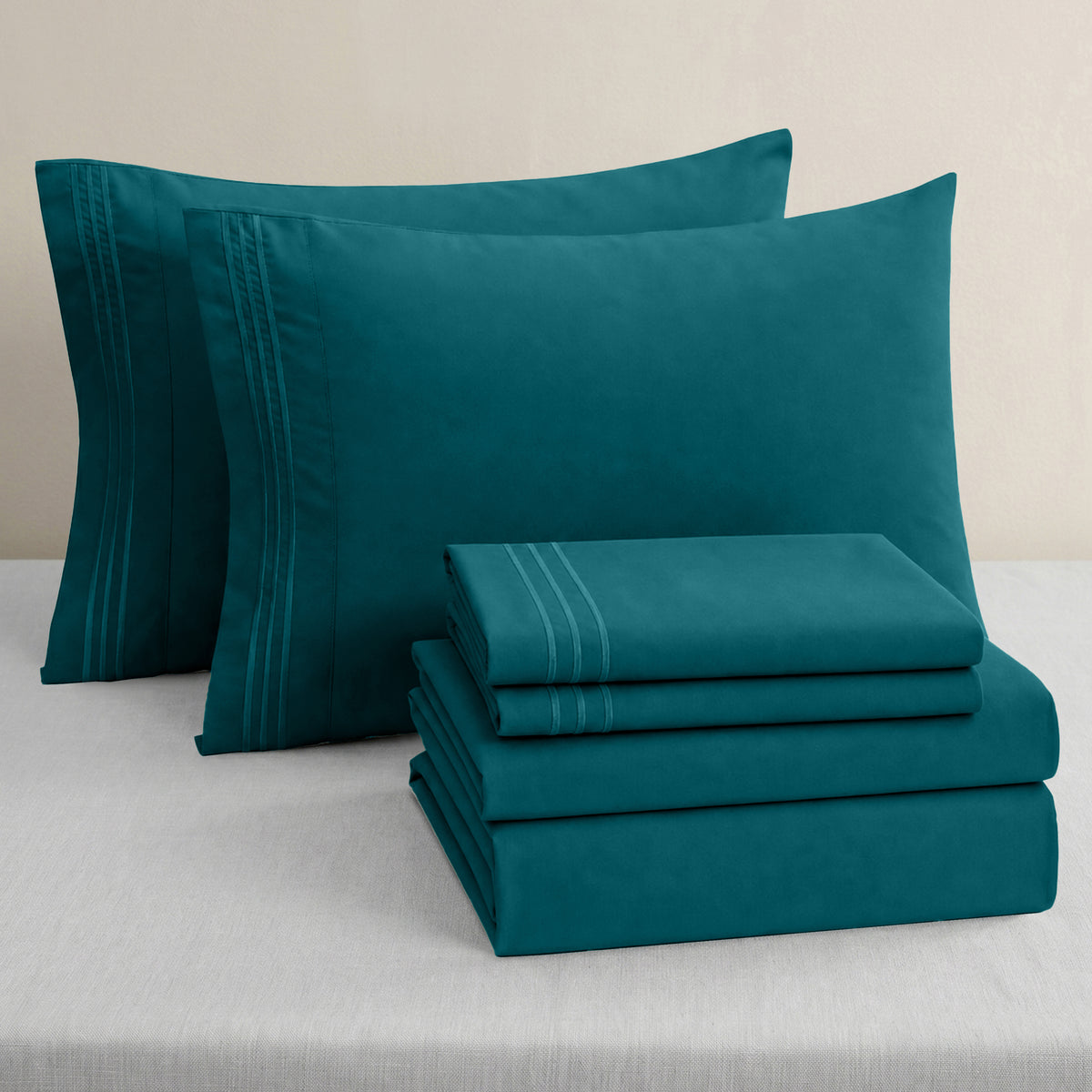 Essential 6-Piece 3-Line Embroidery Sheet Set, Soft as a Hotel Premium Quality,  Moody Shades