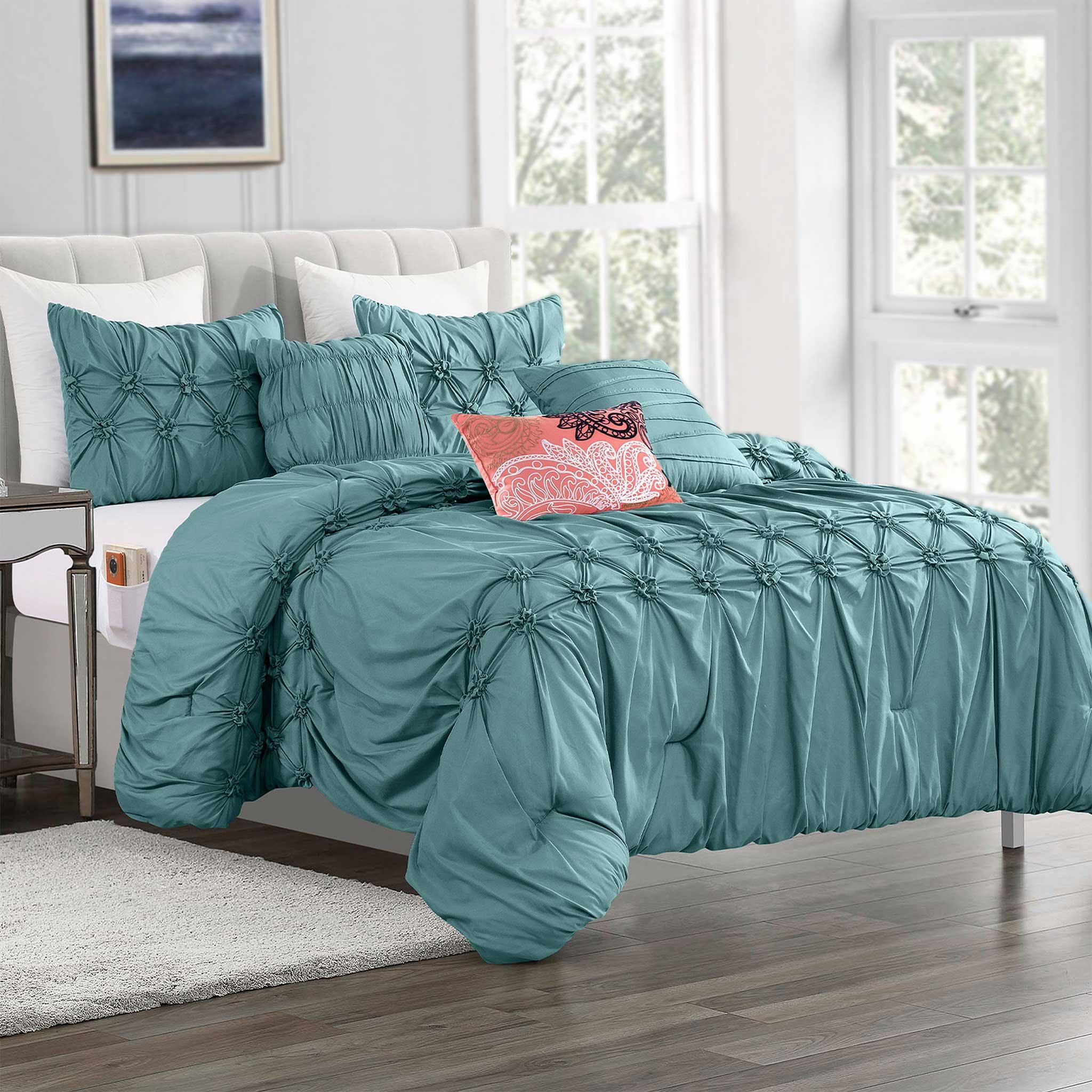 12-Piece Ella Pleated Ruched Pintuck Comforter Set, Includes 6-Piece Sheet Set with Double Sided Storage Pockets