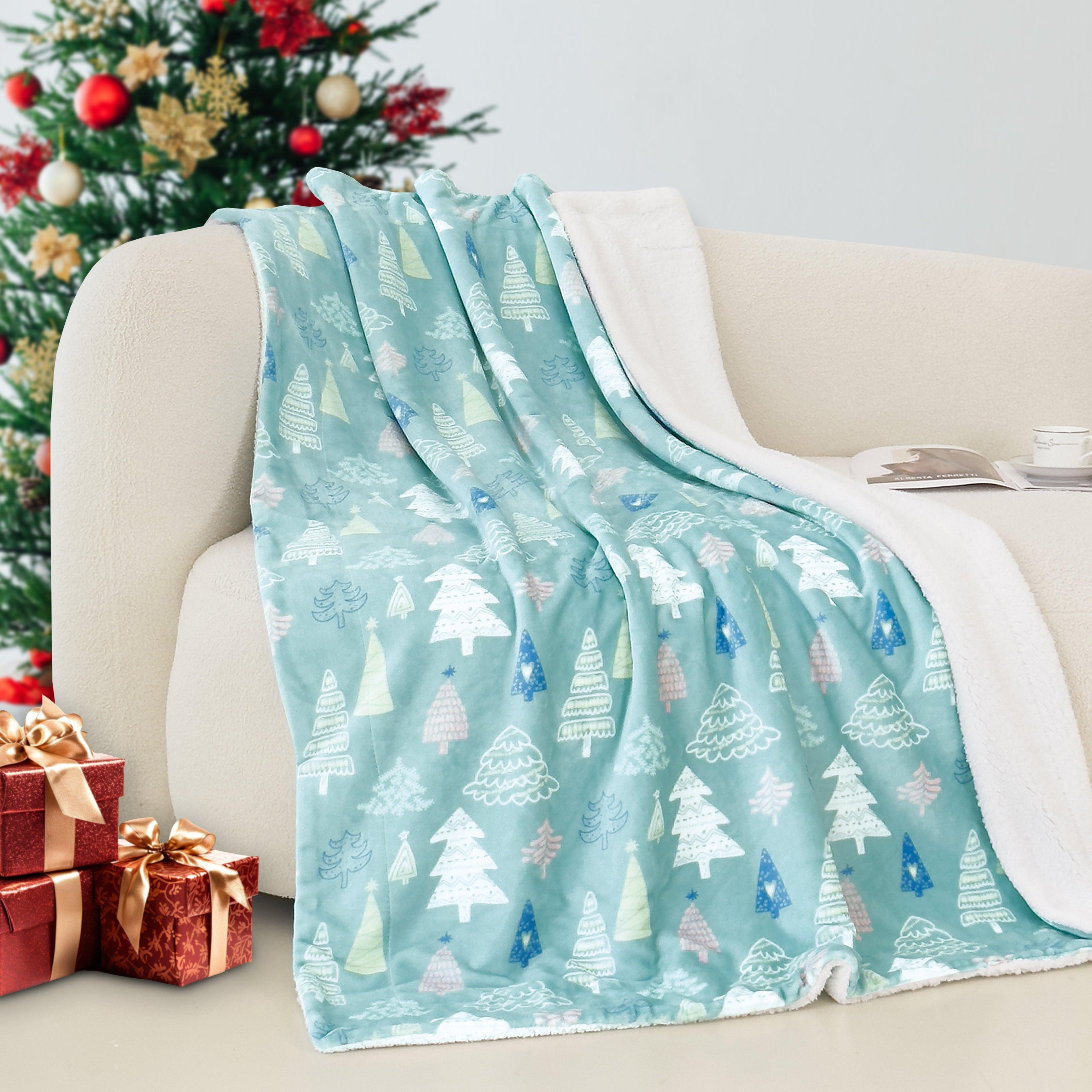 Christmas Sherpa Throw with Flannel Fleece - 50 x 60 inches