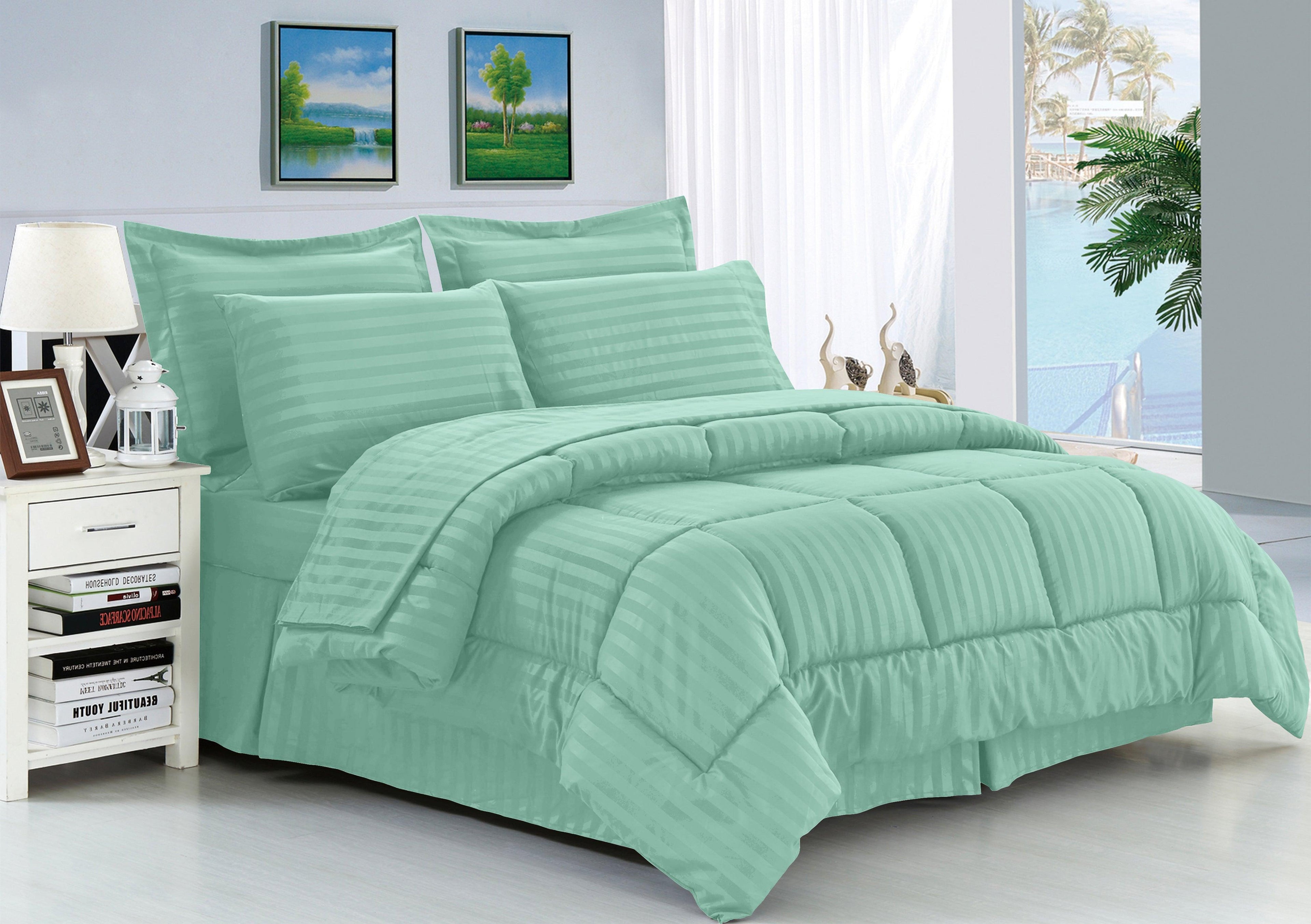 8-Piece Dobby Stripe Comforter Set - Includes 4-Piece Sheet Set with Double Sided Storage Pockets