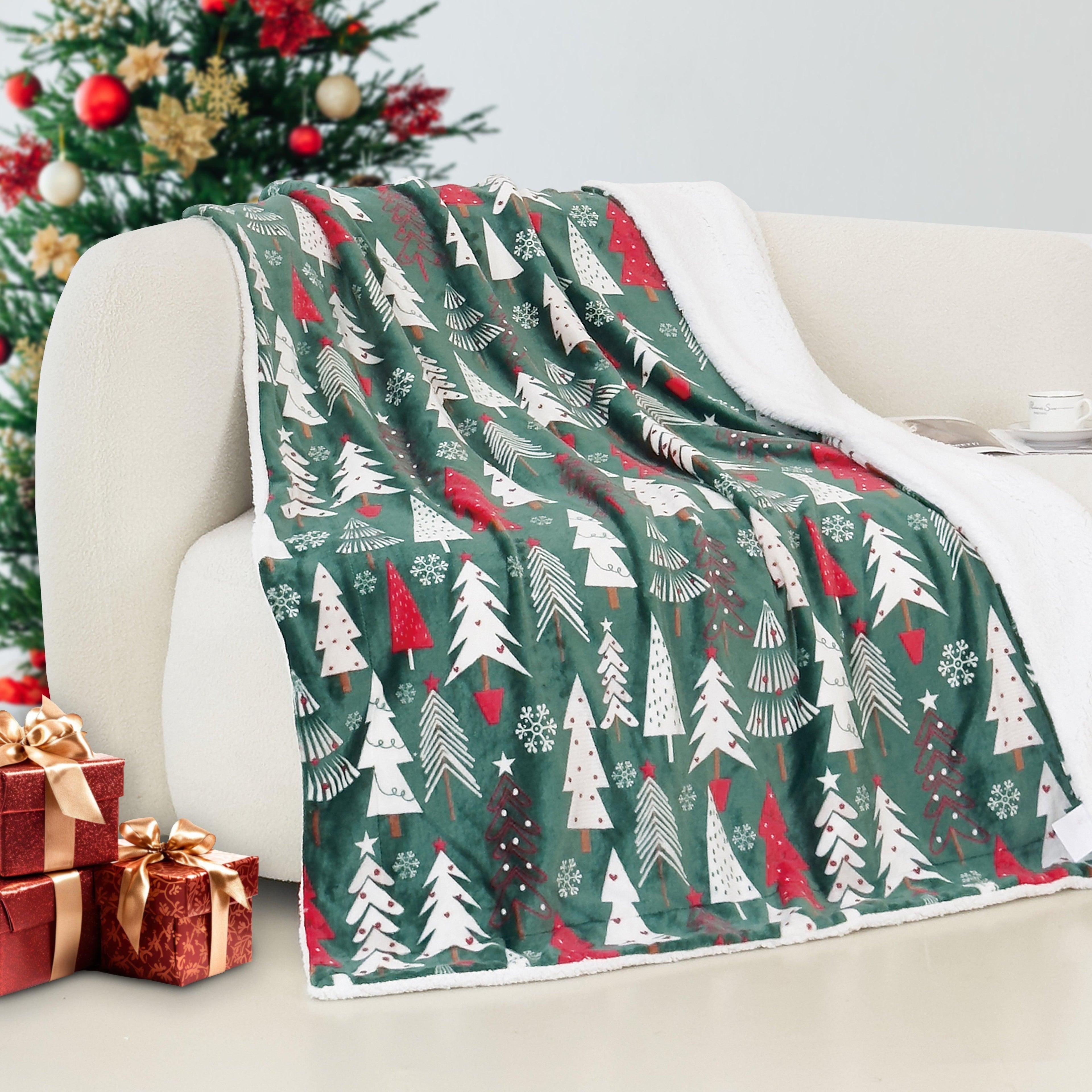 Christmas Sherpa Throw with Flannel Fleece - 50 x 60 inches