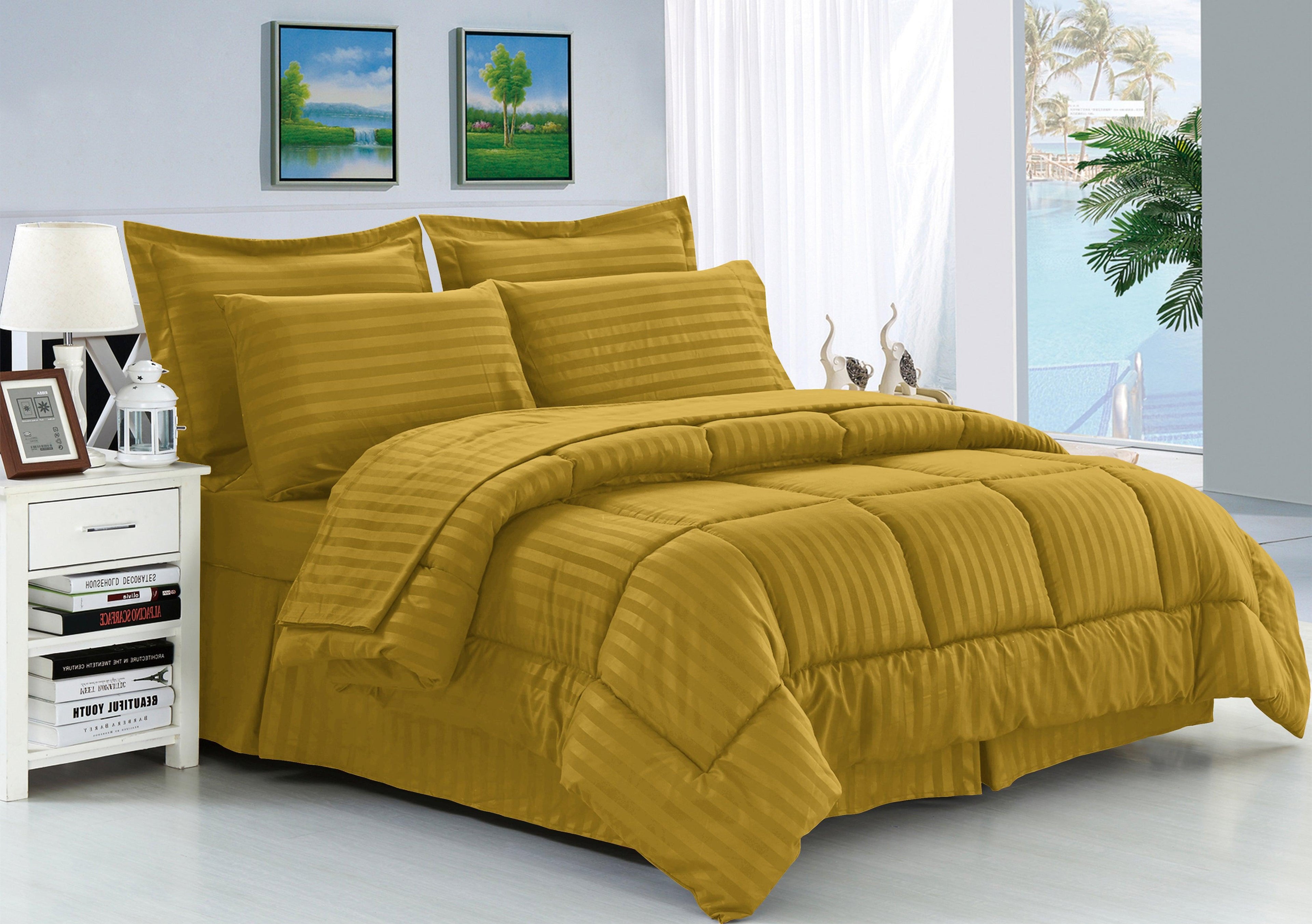 8-Piece Dobby Stripe Comforter Set - Includes 4-Piece Sheet Set with Double Sided Storage Pockets