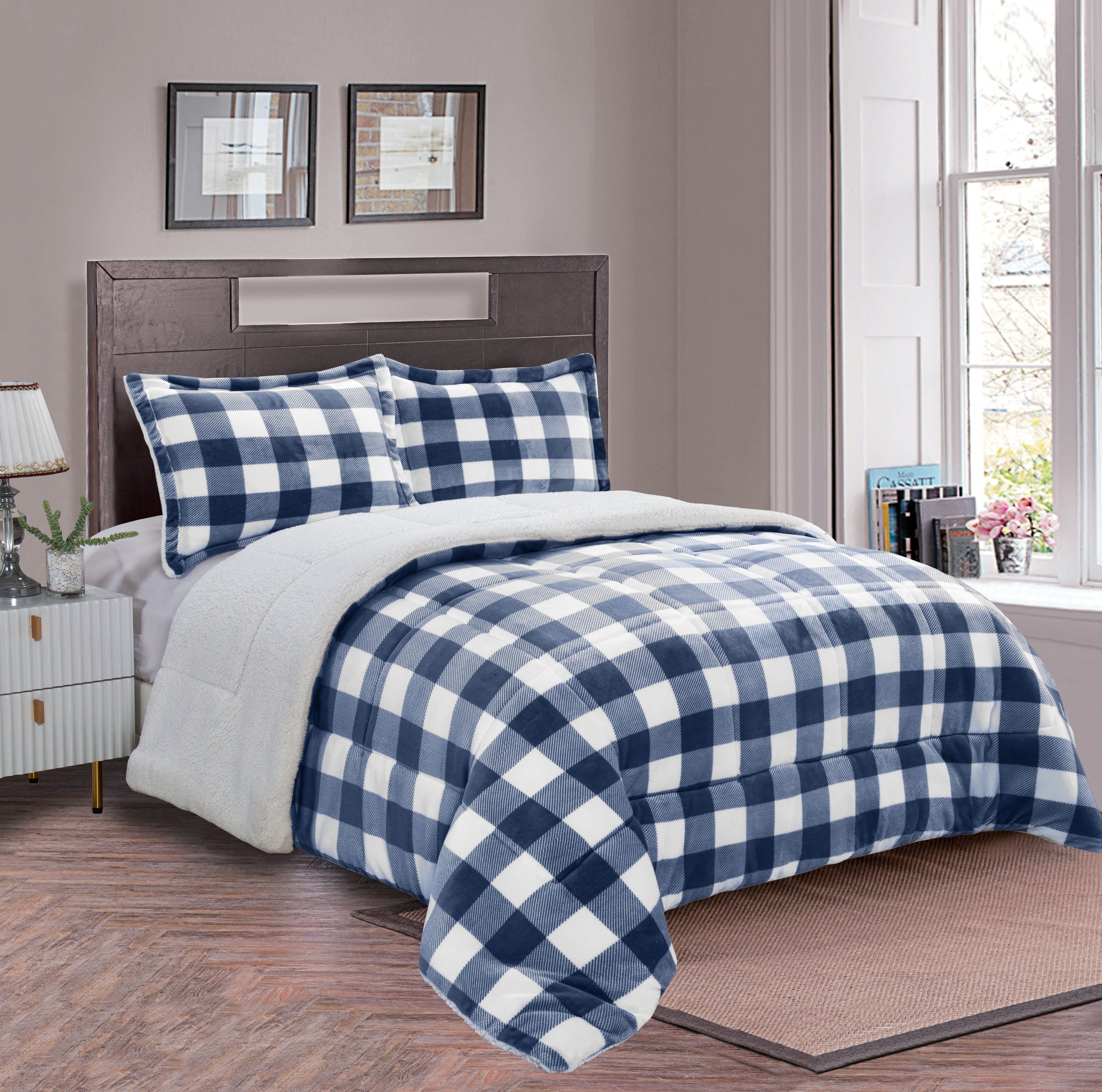 3-Piece Buffalo Micro-Suede Reversible Sherpa - Lodge-Plaid Pattern Comforter Set