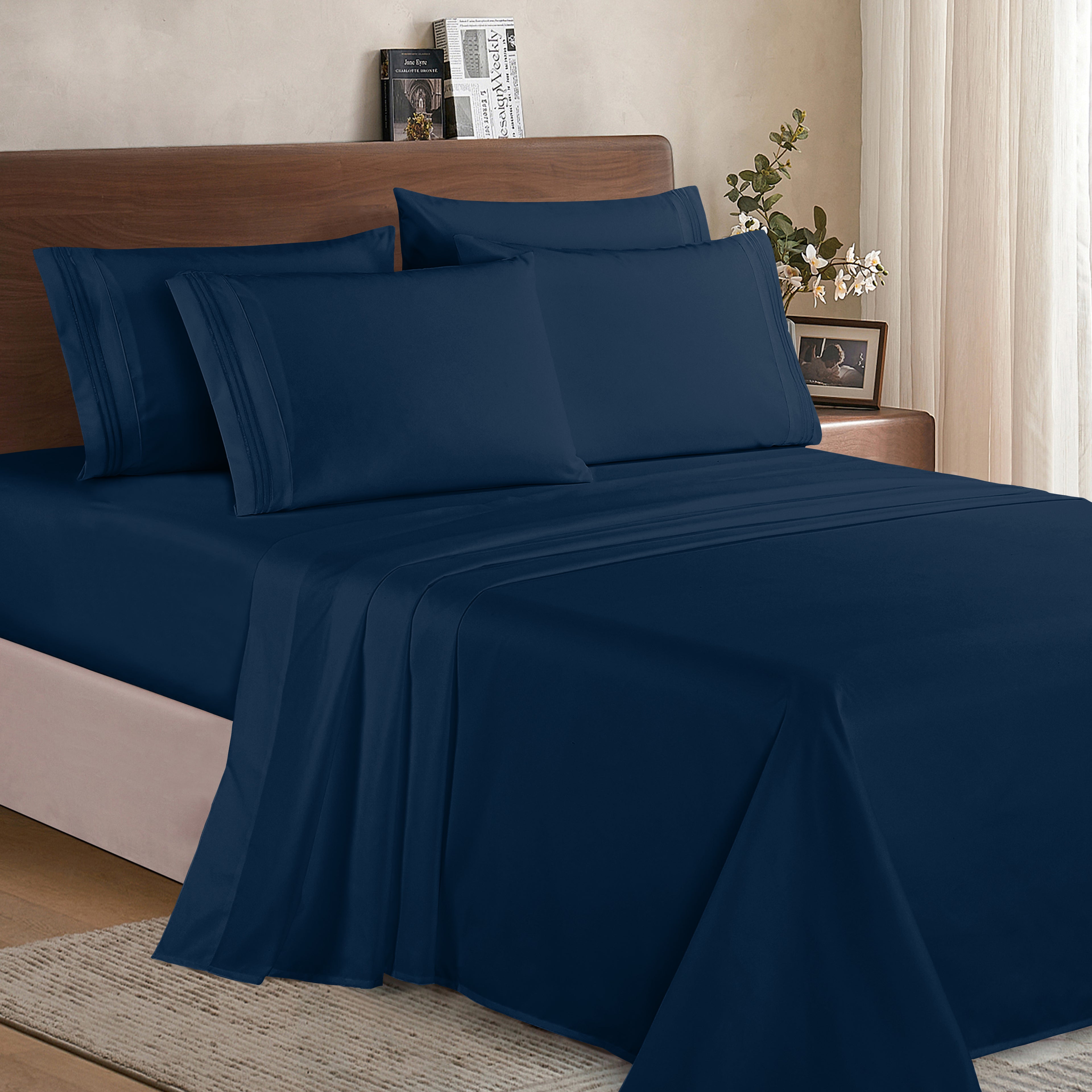Essential 6-Piece 3-Line Embroidery Sheet Set, Soft as a Hotel Premium Quality,  Moody Shades