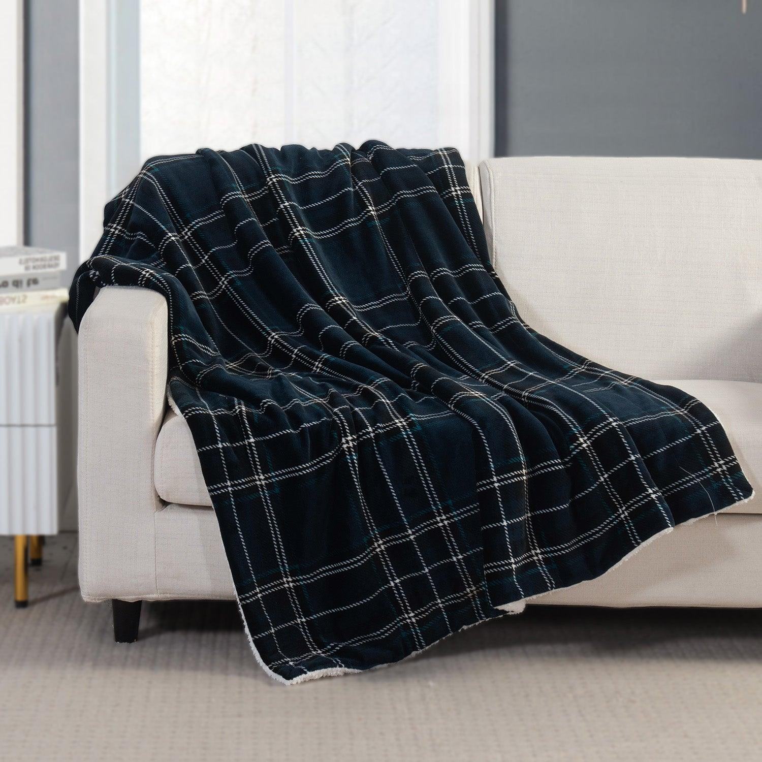Plaid Sherpa Throw 50" x 60" Flannel Fleece Sherpa Back Plaid Pattern Throw Blankets