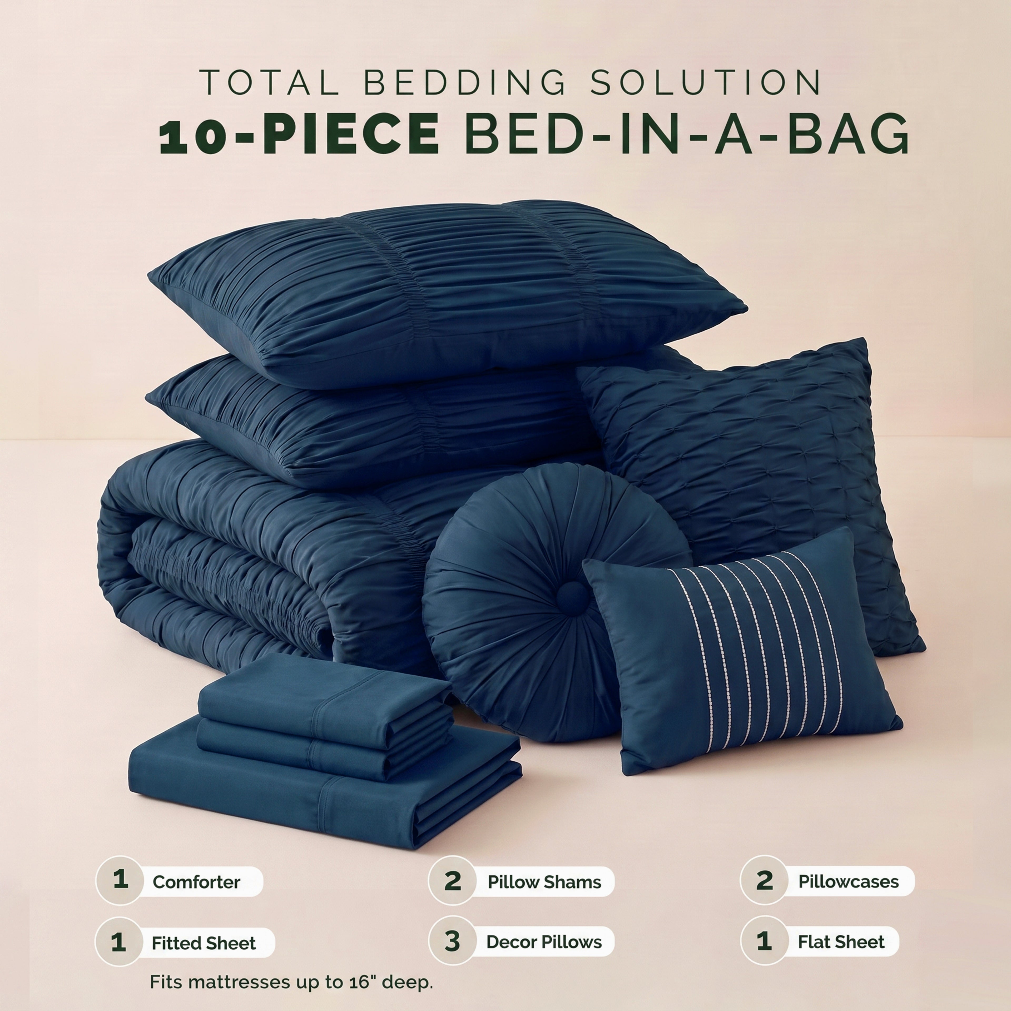 10-Piece Pleated Comforter Set - Includes 4-Piece Sheet Set with Double Sided Storage Pockets