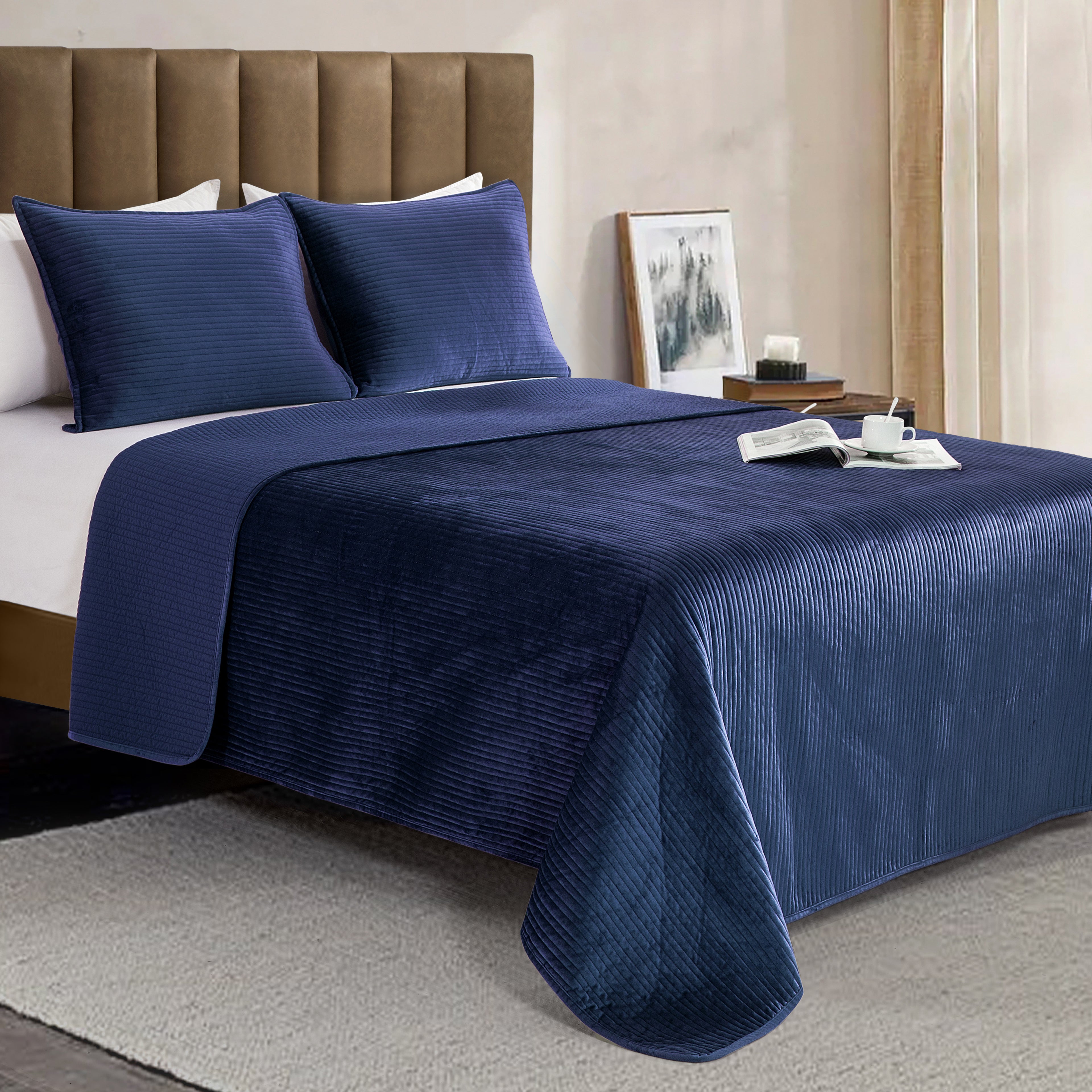 3-Piece Velvet Corduroy Stripe Quilted Bedspread Coverlet Set