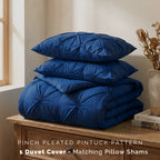 Pinch Pleated Pintuck Pattern, 3-Piece Duvet Cover Set - Features Corner Ties